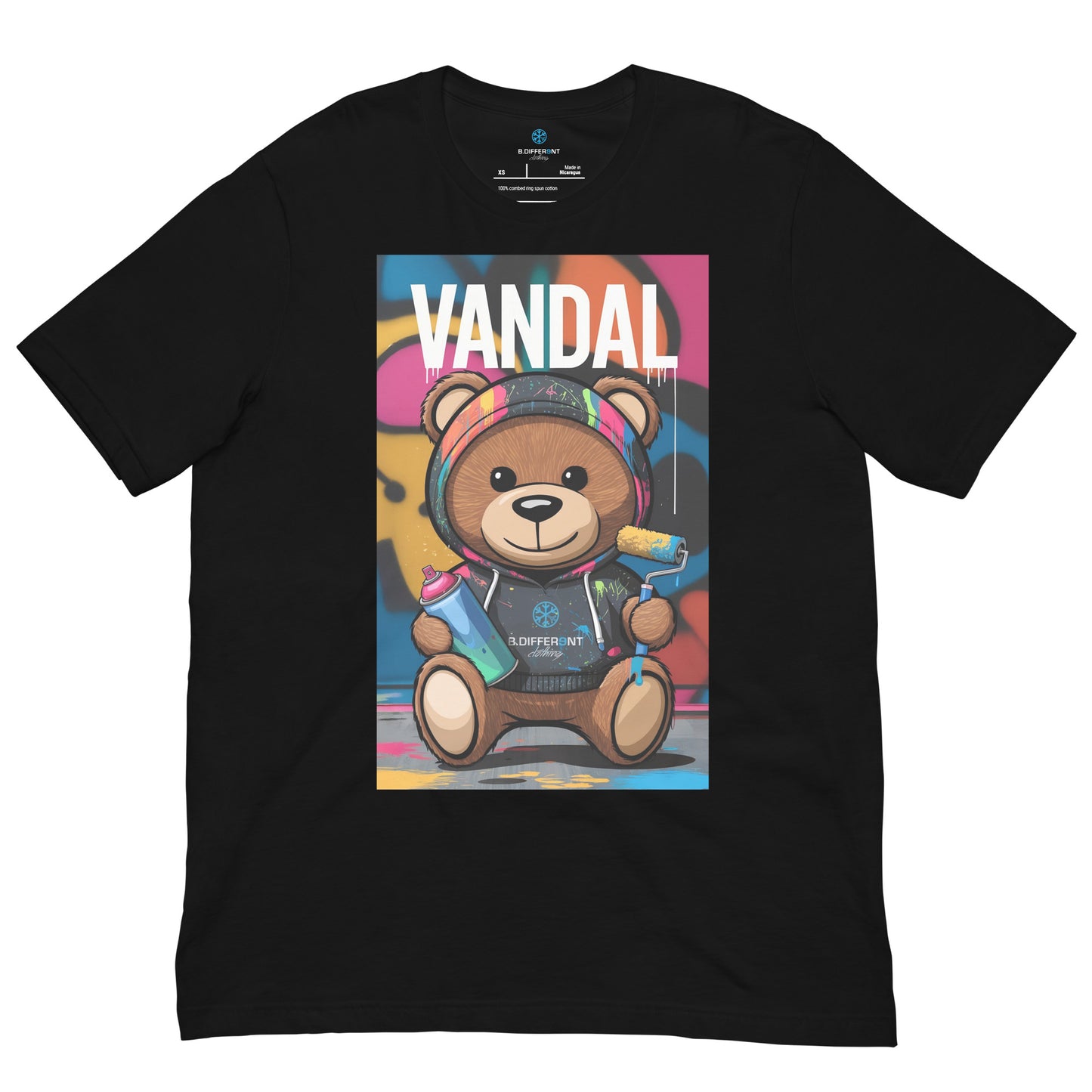 Black-Vandal Teddy Bear Graffiti Tee from B.Different Clothing, front view, graffiti-inspired streetwear