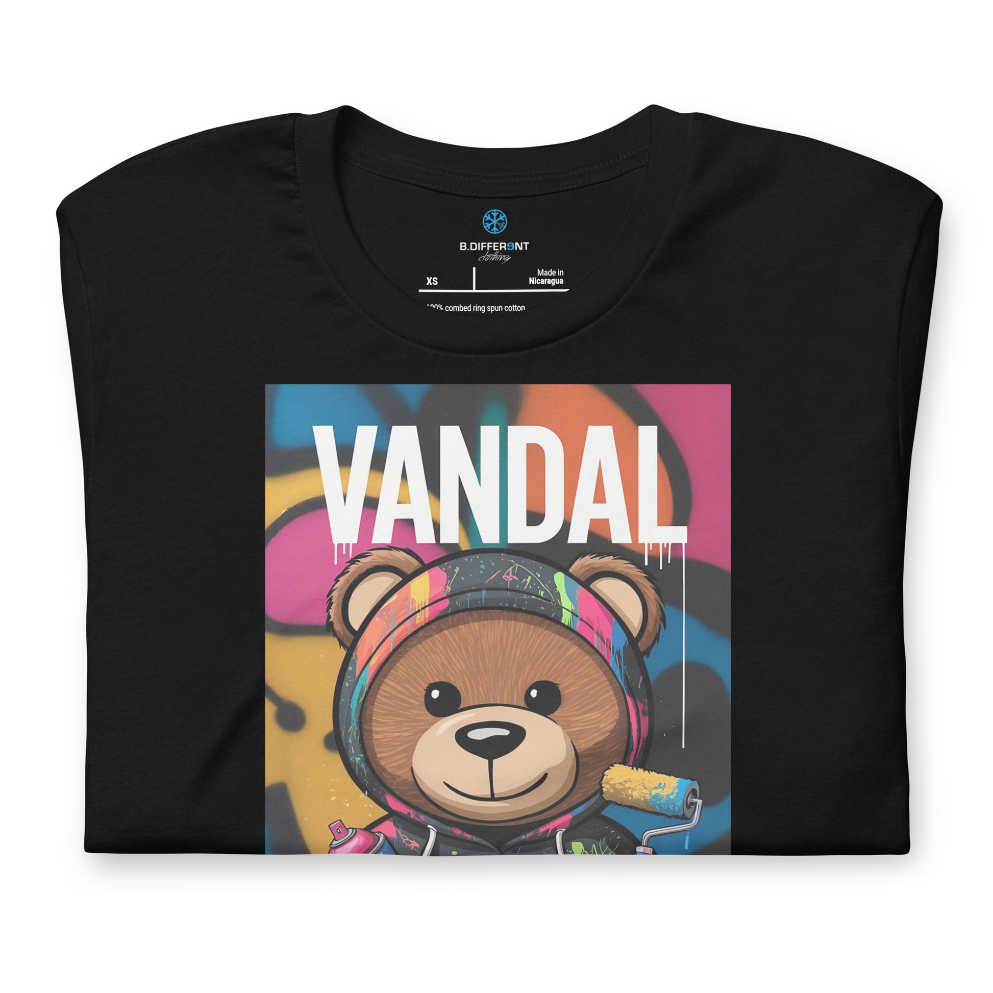 Black-Vandal Teddy Bear Graffiti Tee from B.Different Clothing, folded, graffiti-inspired streetwear