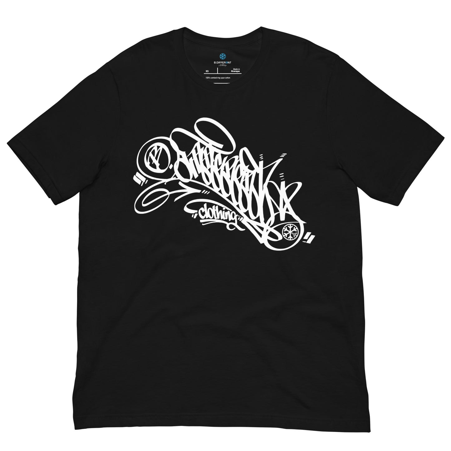 Black-B.Different Clothing Graffiti Tag Tee from B.Different Clothing, front view, graffiti-inspired streetwear t-shirt