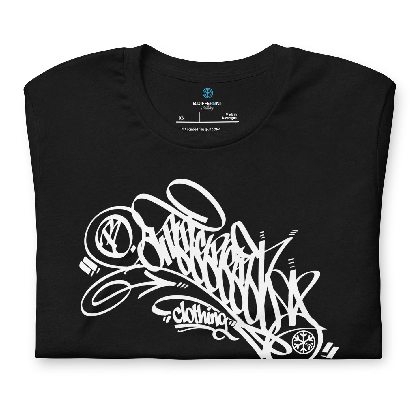 Black-B.Different Clothing Graffiti Tag Tee from B.Different Clothing, folded, graffiti-inspired streetwear t-shirt