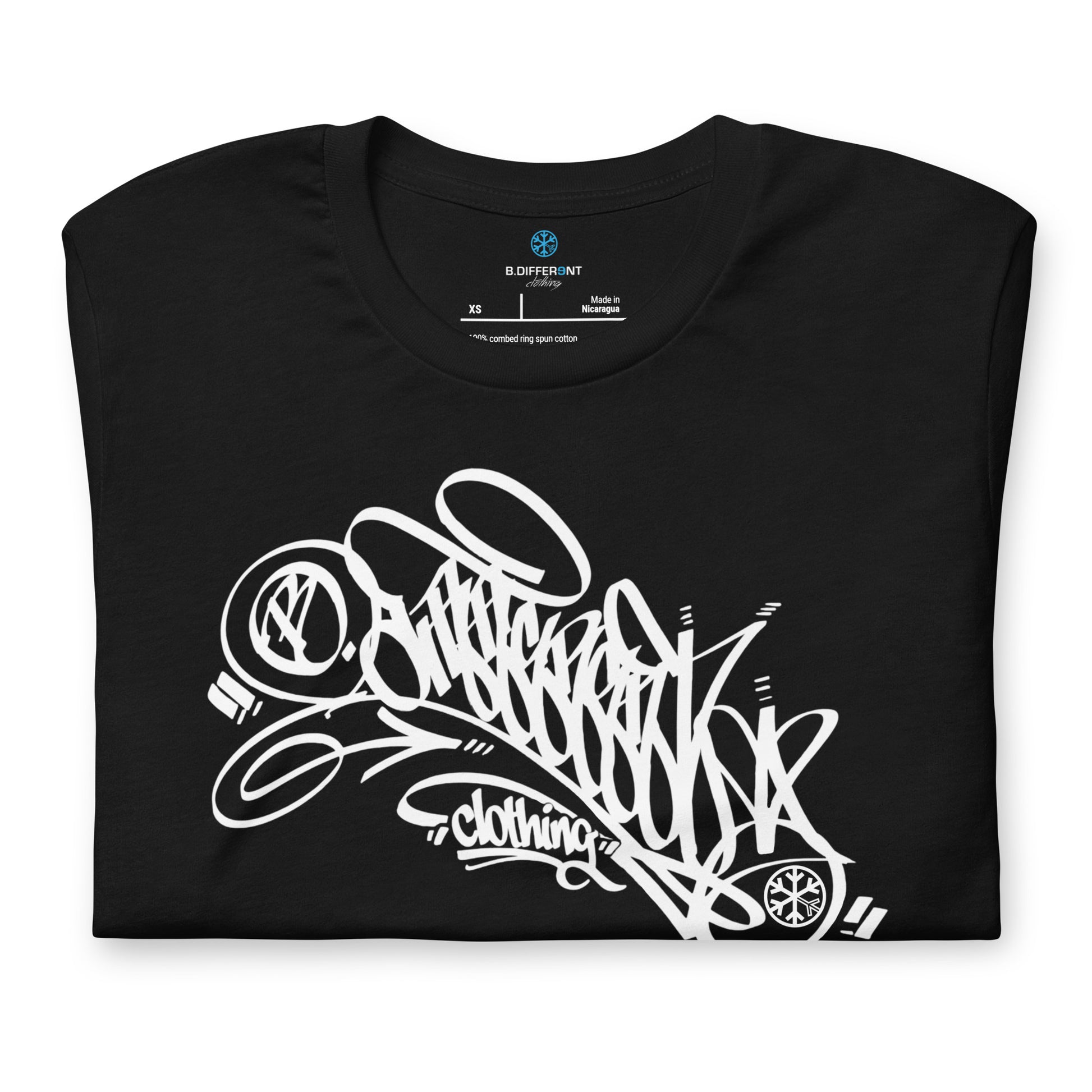 Black-B.Different Clothing Graffiti Tag Tee from B.Different Clothing, folded, graffiti-inspired streetwear t-shirt