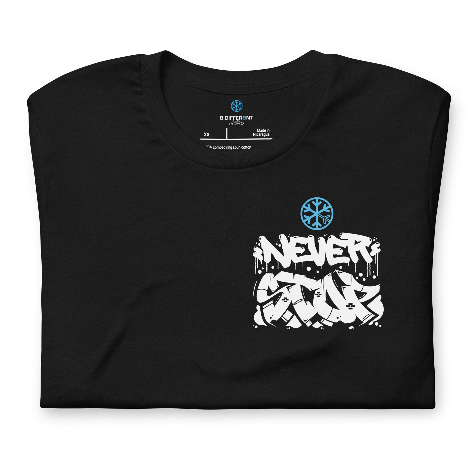 Black-Never Stop Graffiti Character Tee from B.Different Clothing, folded, graffiti-inspired streetwear t-shirt