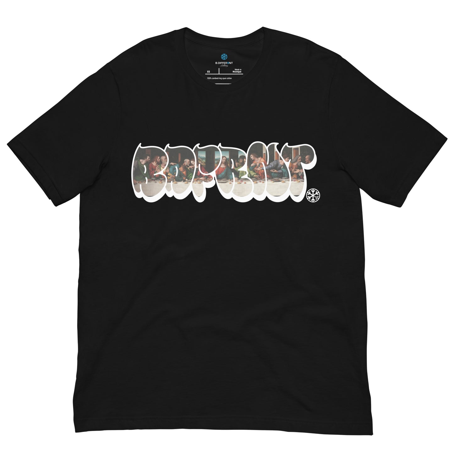 Black-BDFRNT Throwie x Last Supper Graffiti Tee from B.Different Clothing, front view, graffiti-inspired streetwear t-shirt