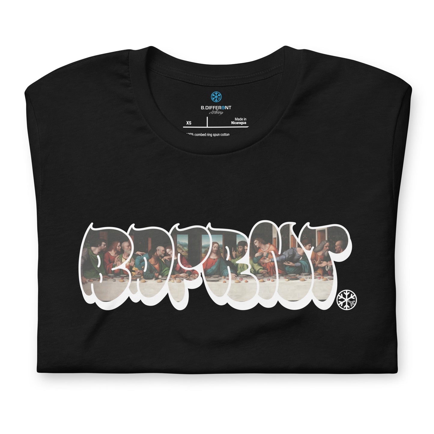 Black-BDFRNT Throwie x Last Supper Graffiti Tee from B.Different Clothing, folded, graffiti-inspired streetwear t-shirt