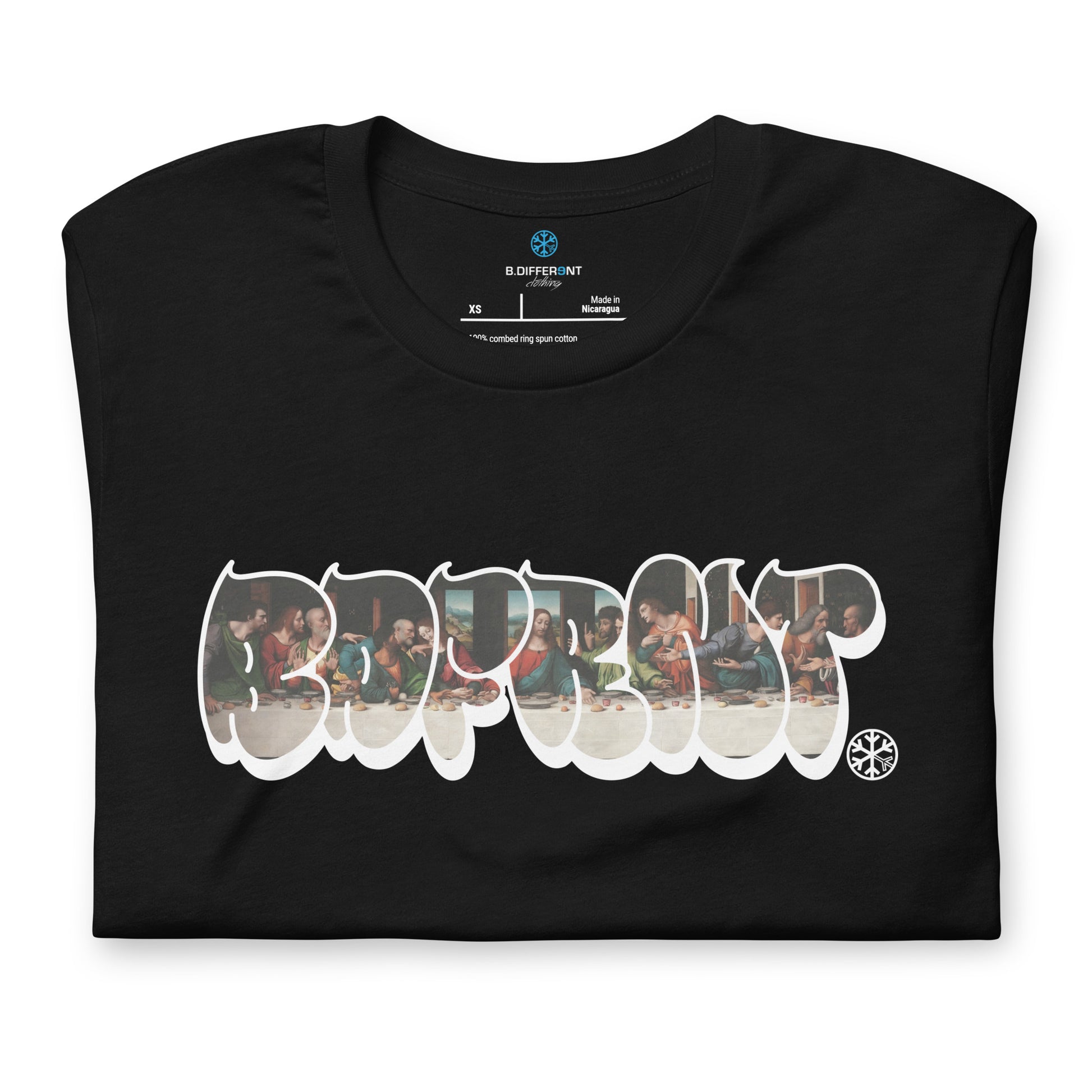 Black-BDFRNT Throwie x Last Supper Graffiti Tee from B.Different Clothing, folded, graffiti-inspired streetwear t-shirt