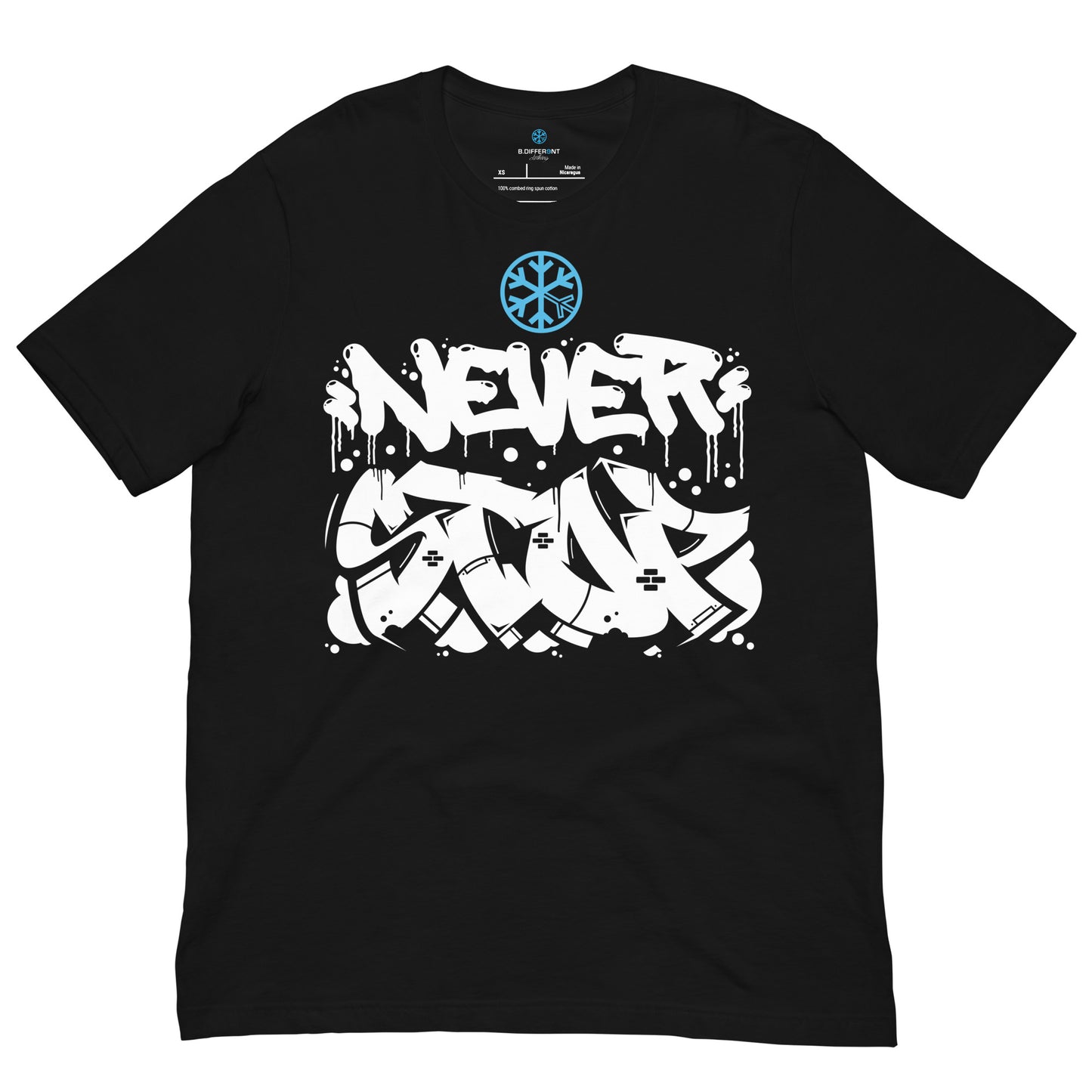 Black-Never Stop Graffiti Piece Tee from B.Different Clothing, front view, graffiti-inspired streetwear t-shirt