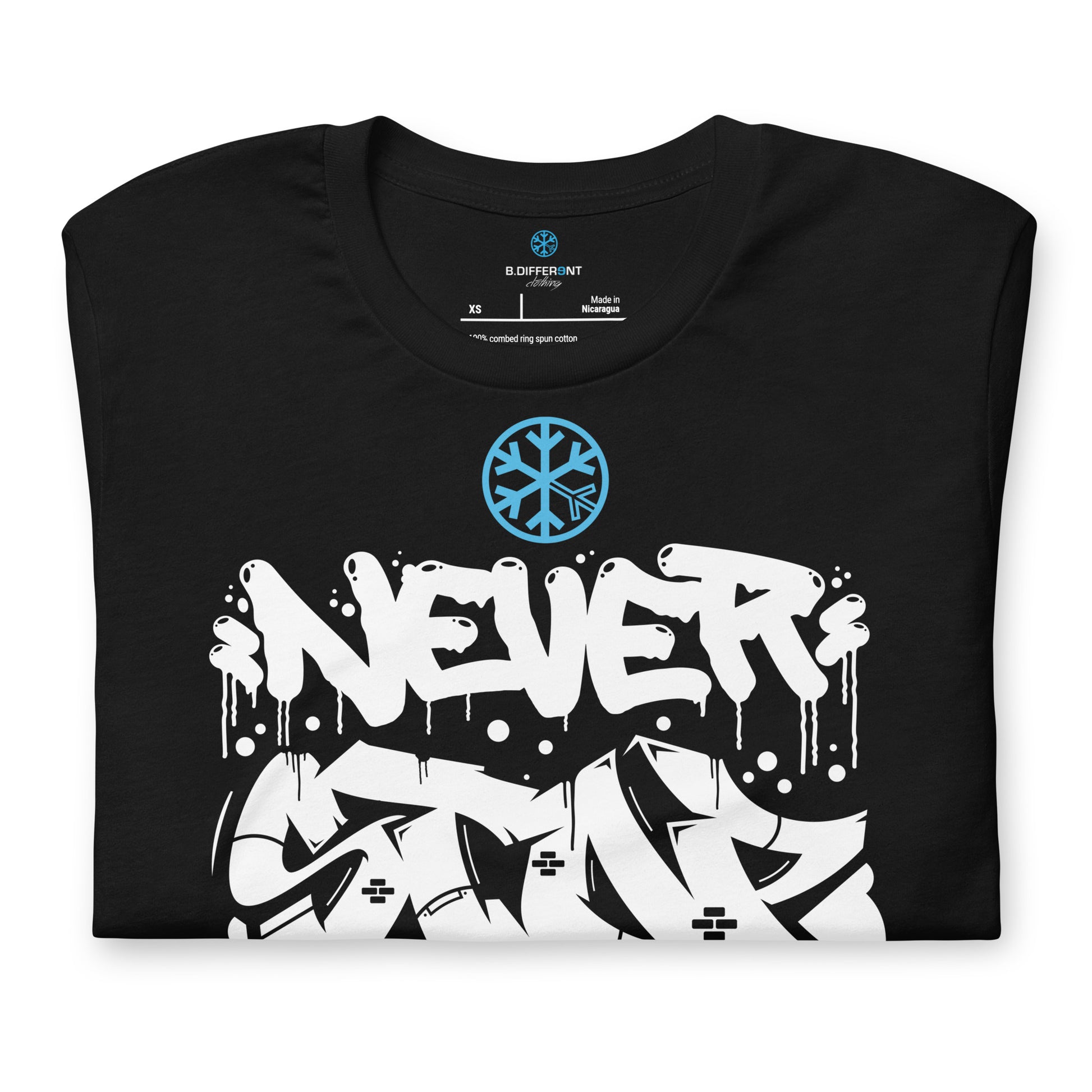 Black-Never Stop Graffiti Piece Tee from B.Different Clothing, folded, graffiti-inspired streetwear t-shirt
