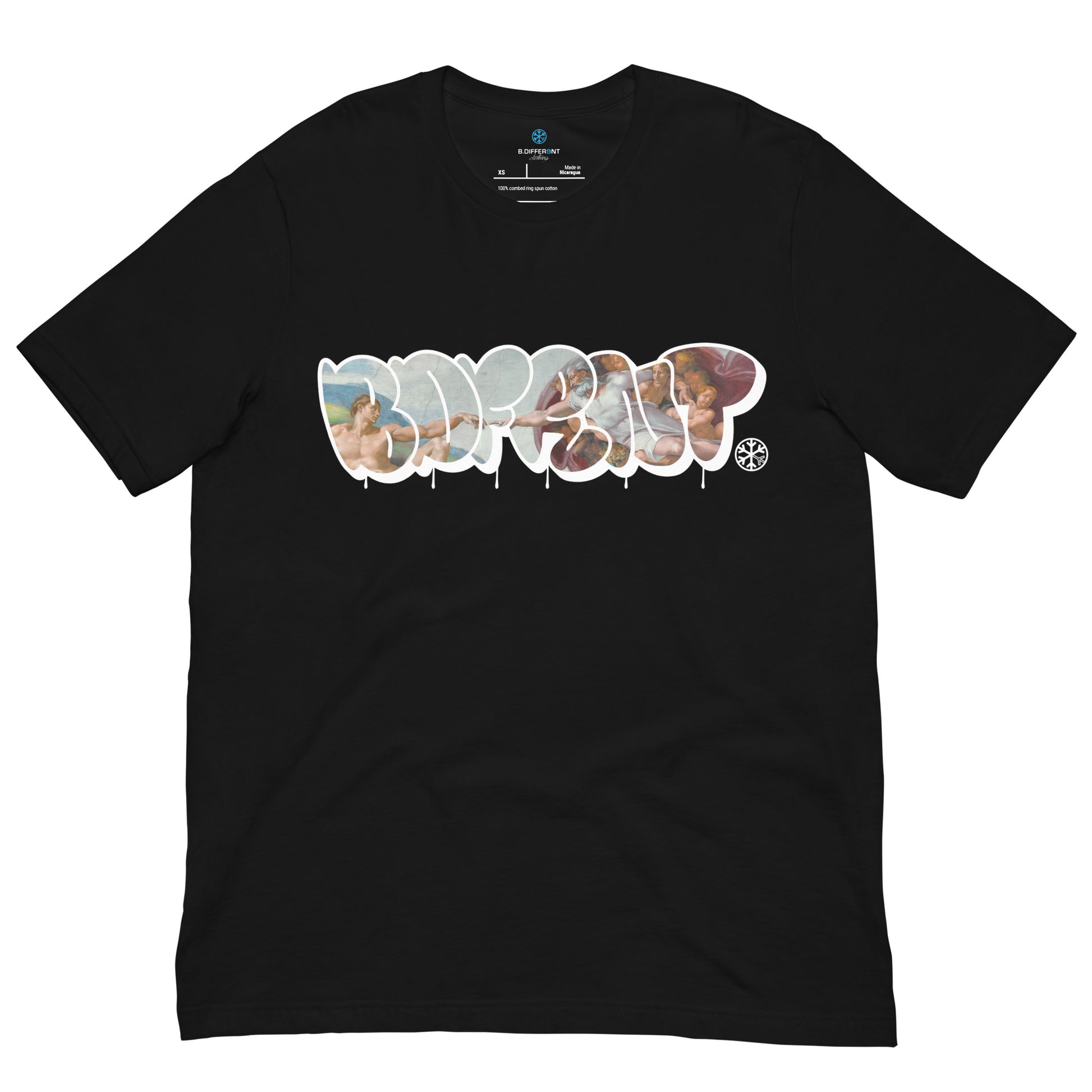 Black-BDFRNT Throwie x Creation of Adam Graffiti Tee from B.Different Clothing, front view, graffiti-inspired streetwear t-shirt