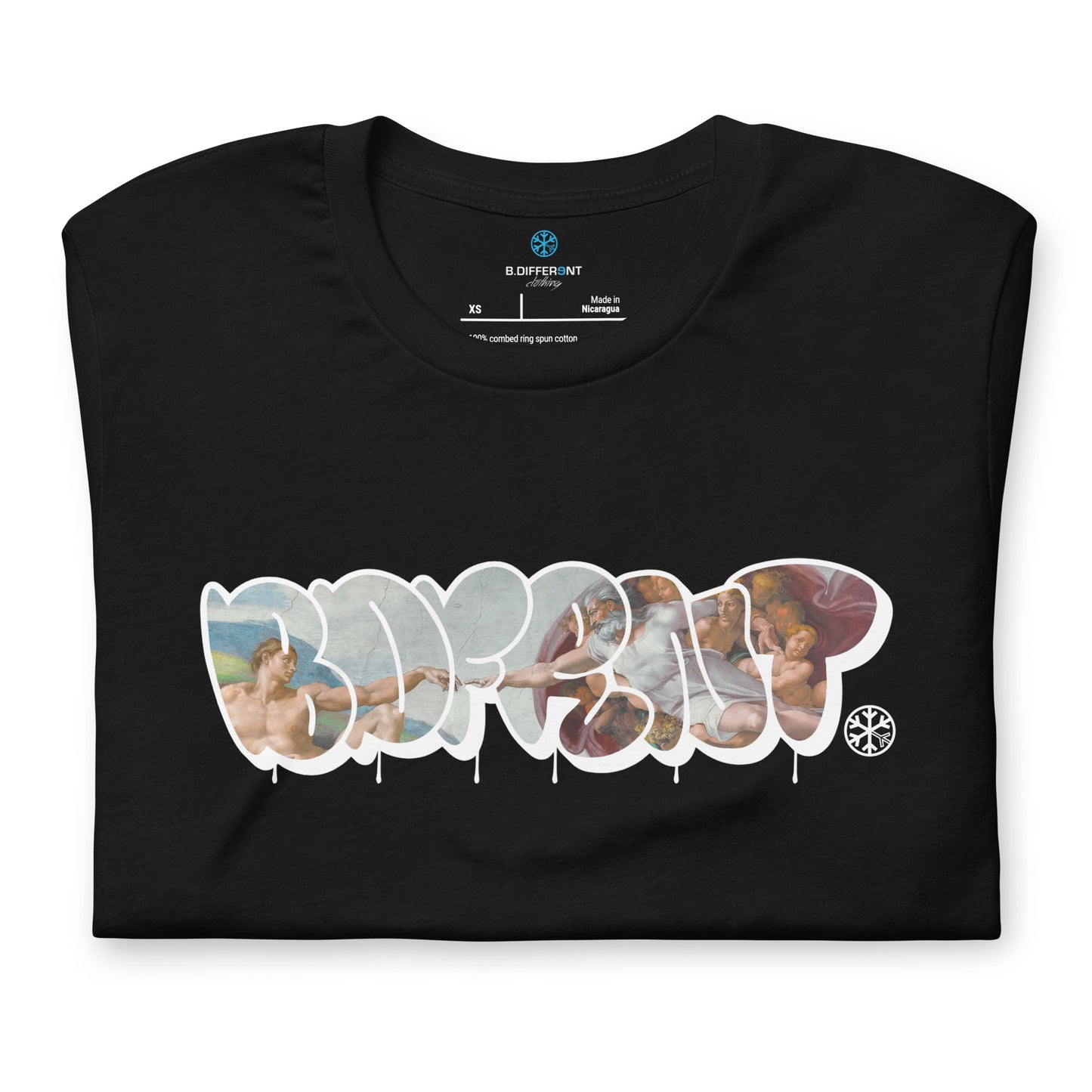 Black-BDFRNT Throwie x Creation of Adam Graffiti Tee from B.Different Clothing, folded, graffiti-inspired streetwear t-shirt