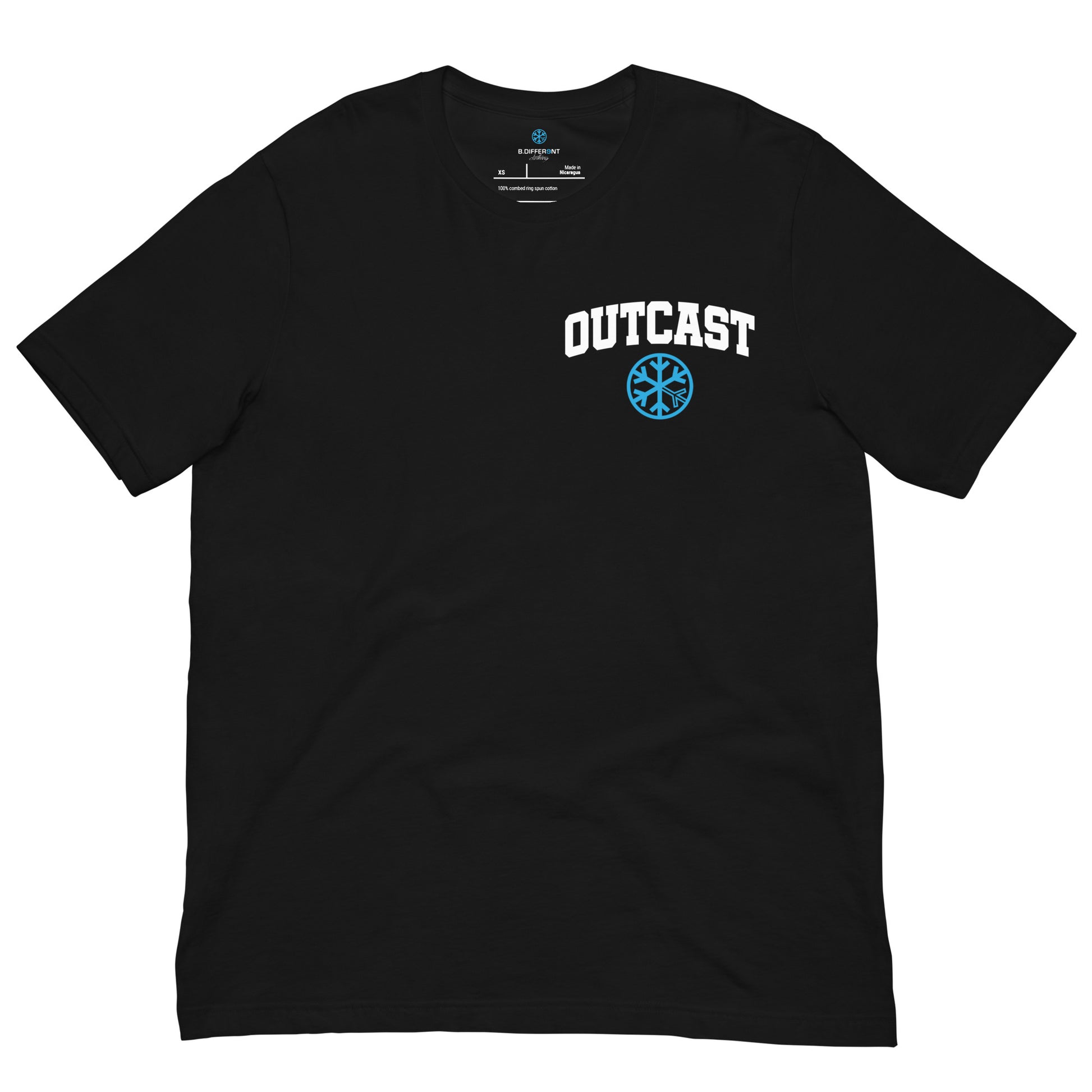 Black-Outcast Graffiti Character Tee from B.Different Clothing, front view, graffiti-inspired streetwear t-shirt