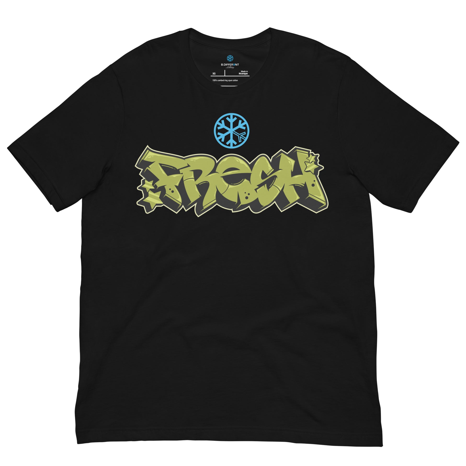 Black-Fresh Graffiti Piece Tee from B.Different Clothing, front view, graffiti-inspired streetwear t-shirt