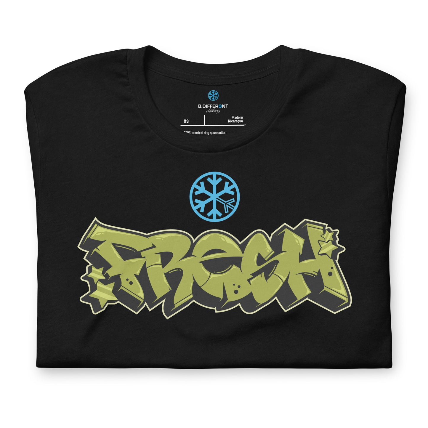 Black-Fresh Graffiti Piece Tee from B.Different Clothing, folded, graffiti-inspired streetwear t-shirt
