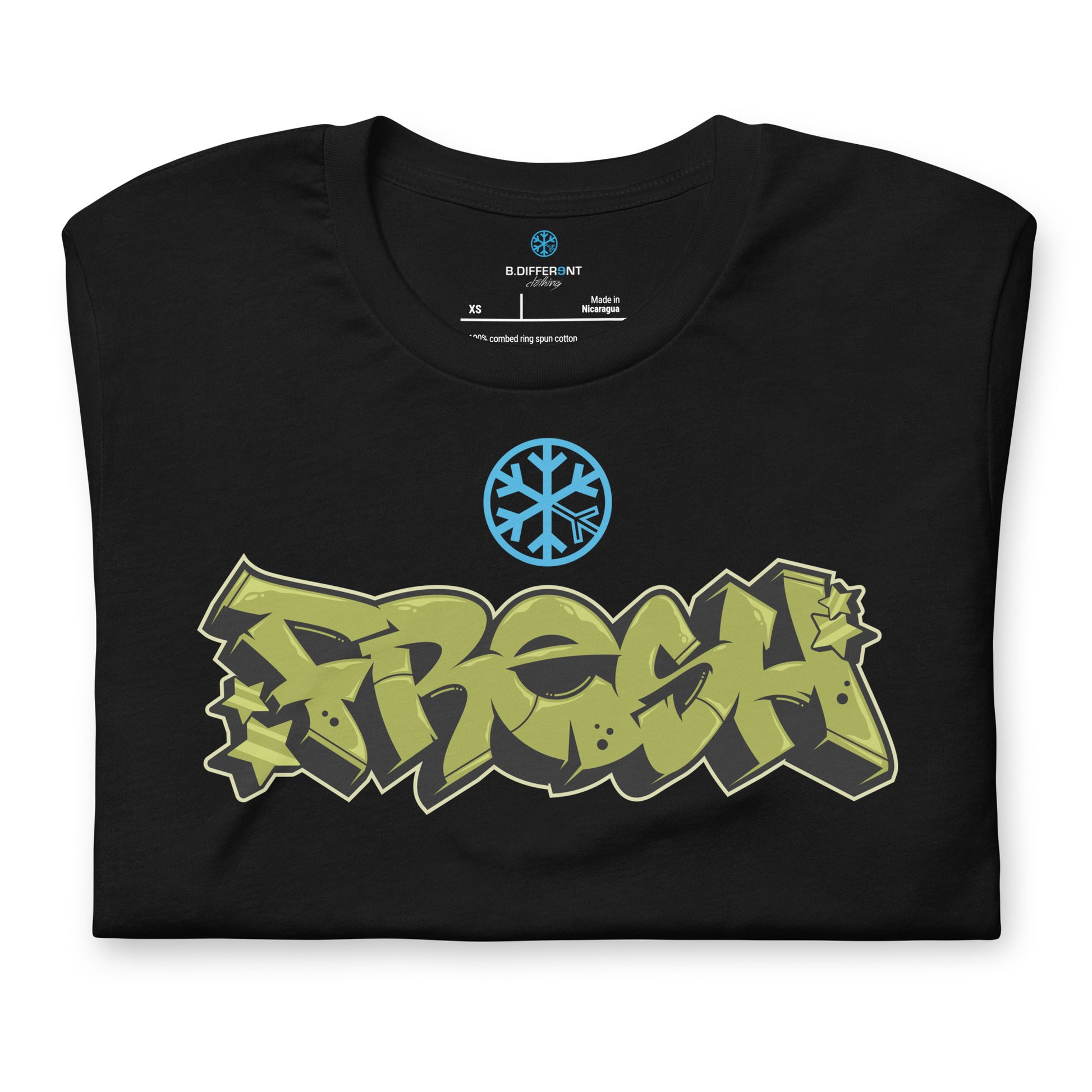 Black-Fresh Graffiti Piece Tee from B.Different Clothing, folded, graffiti-inspired streetwear t-shirt