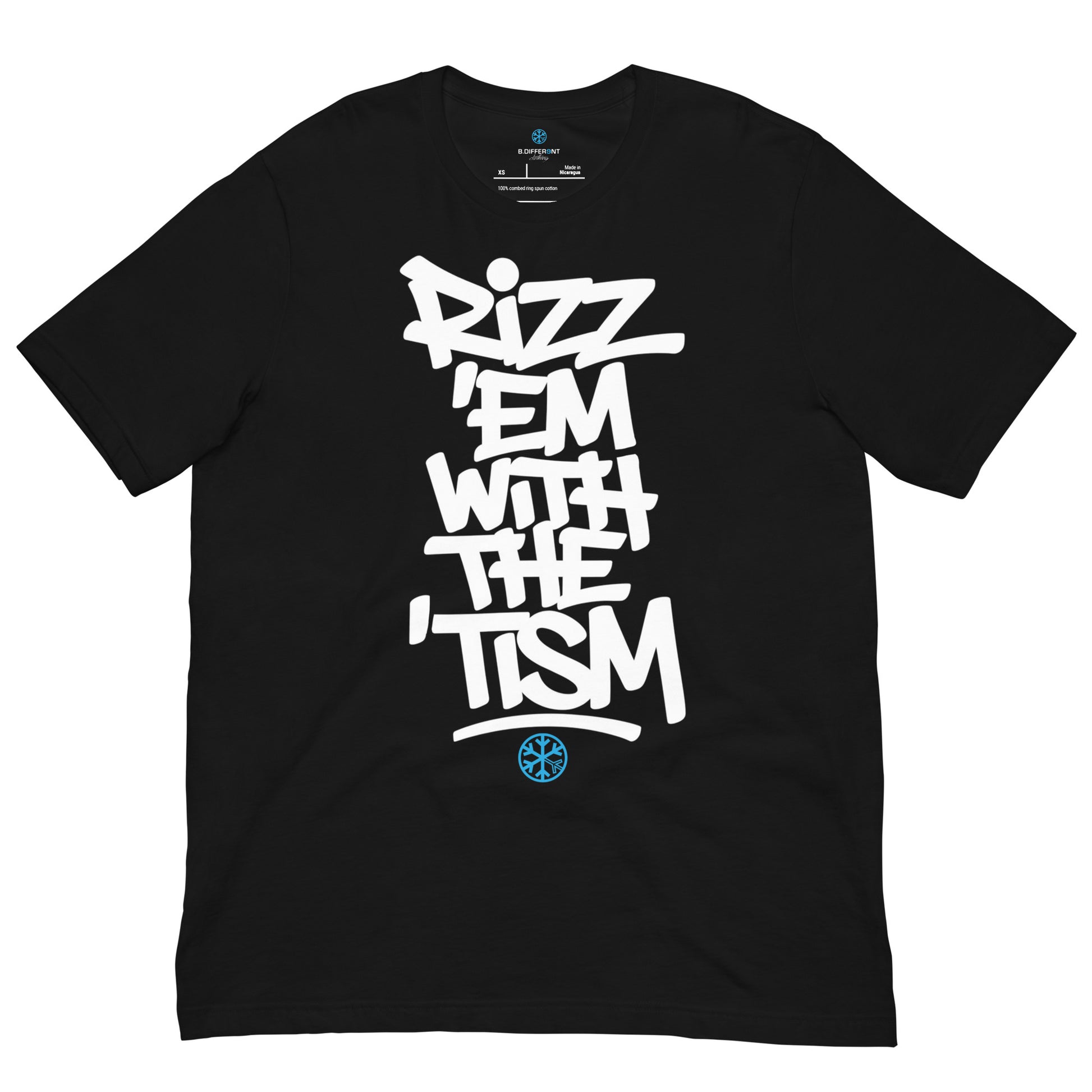 Black-Rizz 'Em With The 'Tism Graffiti Tee from B.Different Clothing, front view, graffiti-inspired streetwear t-shirt