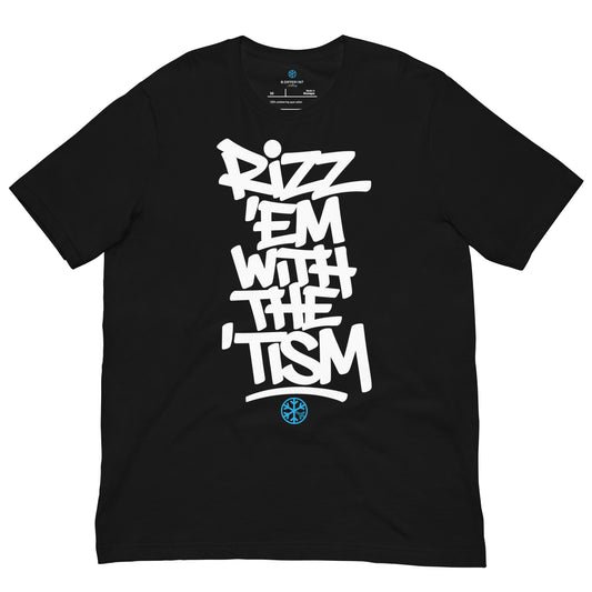 Black-Rizz 'Em With The 'Tism Graffiti Tee from B.Different Clothing, front view, graffiti-inspired streetwear t-shirt