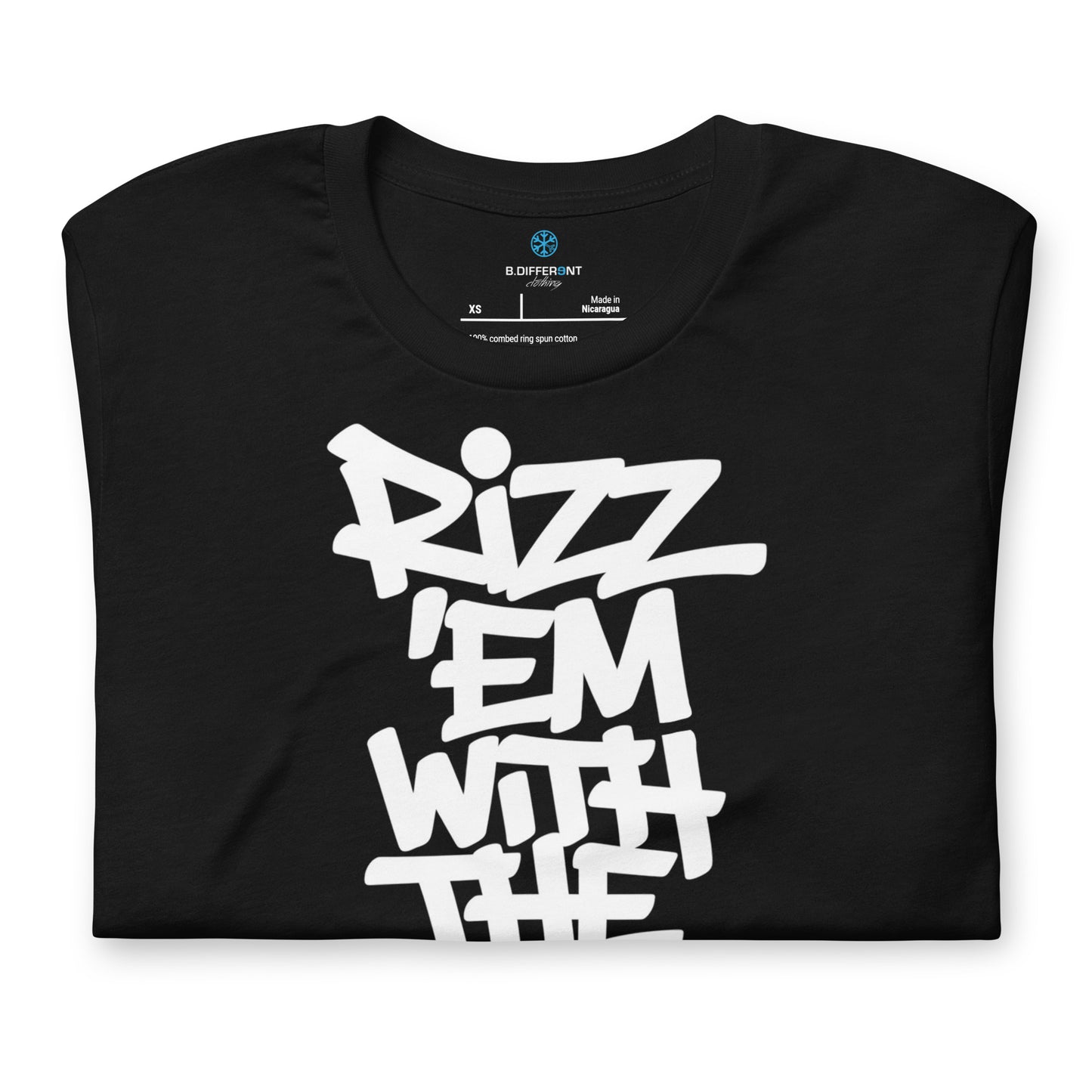 Black-Rizz 'Em With The 'Tism Graffiti Tee from B.Different Clothing, folded, graffiti-inspired streetwear t-shirt