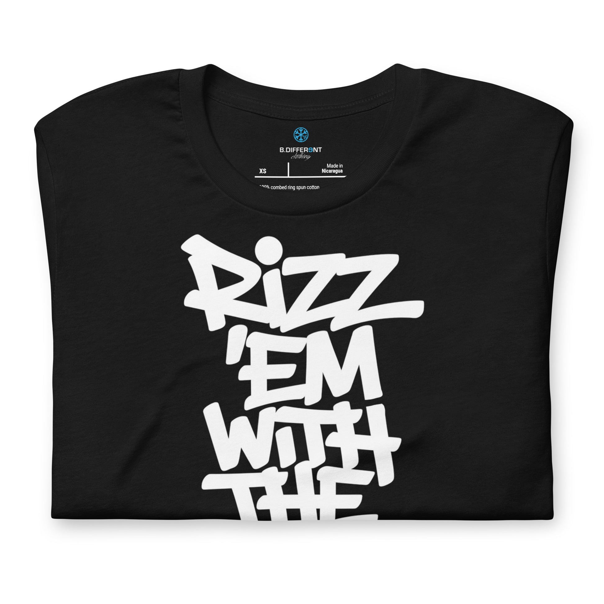 Black-Rizz 'Em With The 'Tism Graffiti Tee from B.Different Clothing, folded, graffiti-inspired streetwear t-shirt