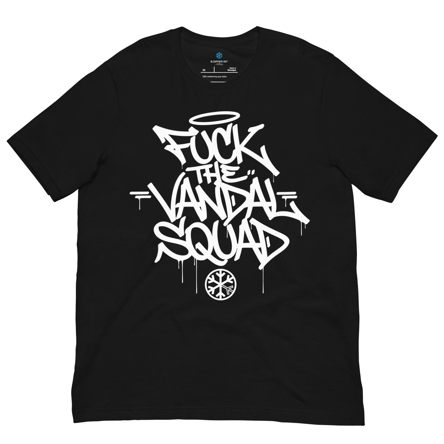 Black-Fuck The Vandal Squad Graffiti Tee from B.Different Clothing, front view, graffiti-inspired streetwear t-shirt