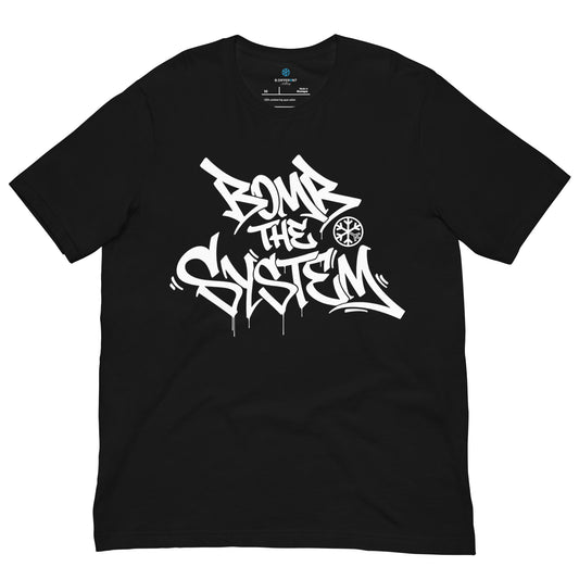 Black-Bomb The System Graffiti Tee from B.Different Clothing, front view, graffiti-inspired streetwear t-shirt
