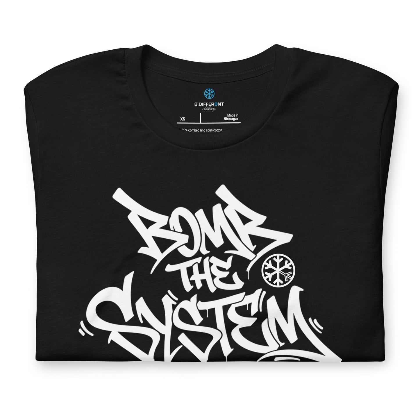 Black-Bomb The System Graffiti Tee from B.Different Clothing, folded, graffiti-inspired streetwear t-shirt