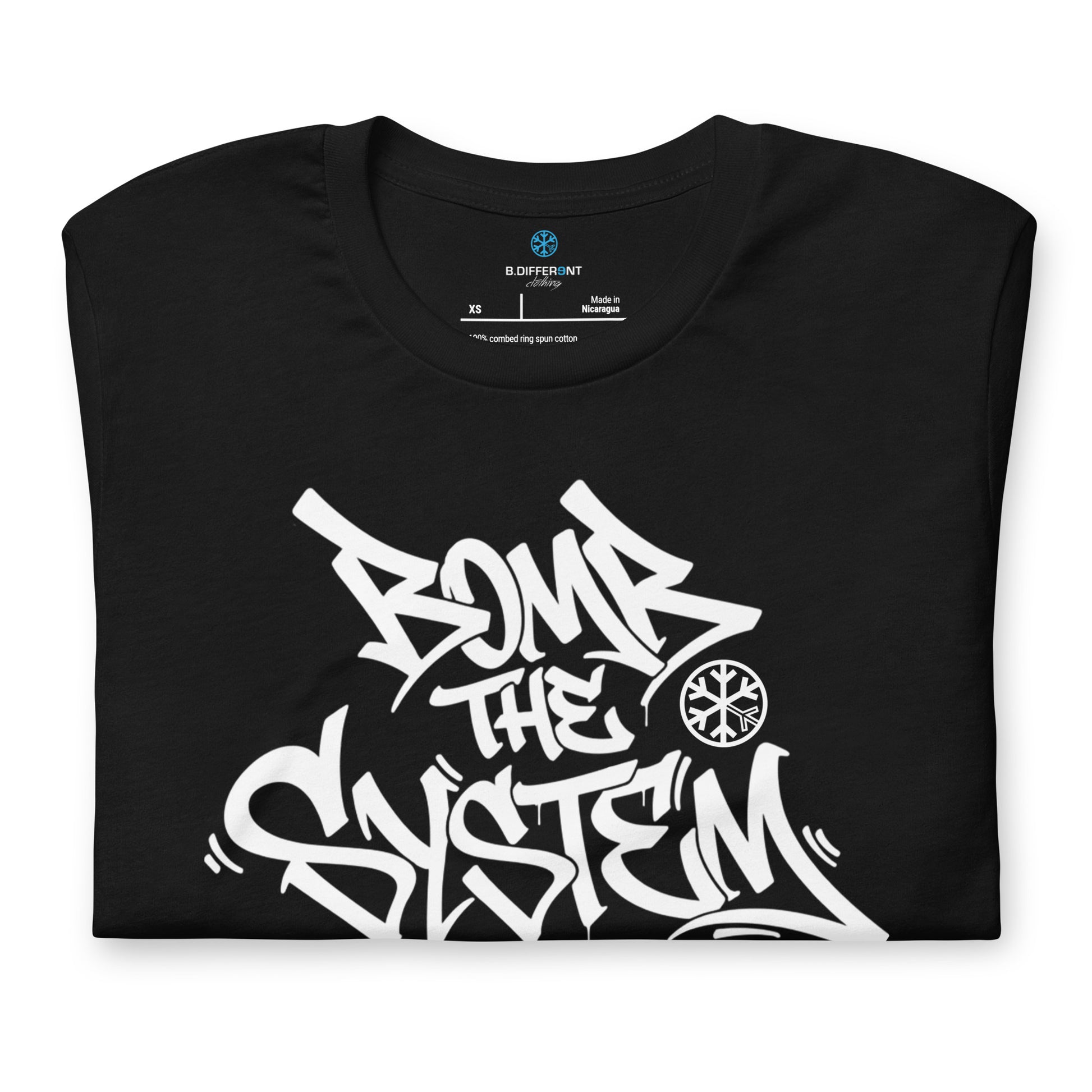 Black-Bomb The System Graffiti Tee from B.Different Clothing, folded, graffiti-inspired streetwear t-shirt