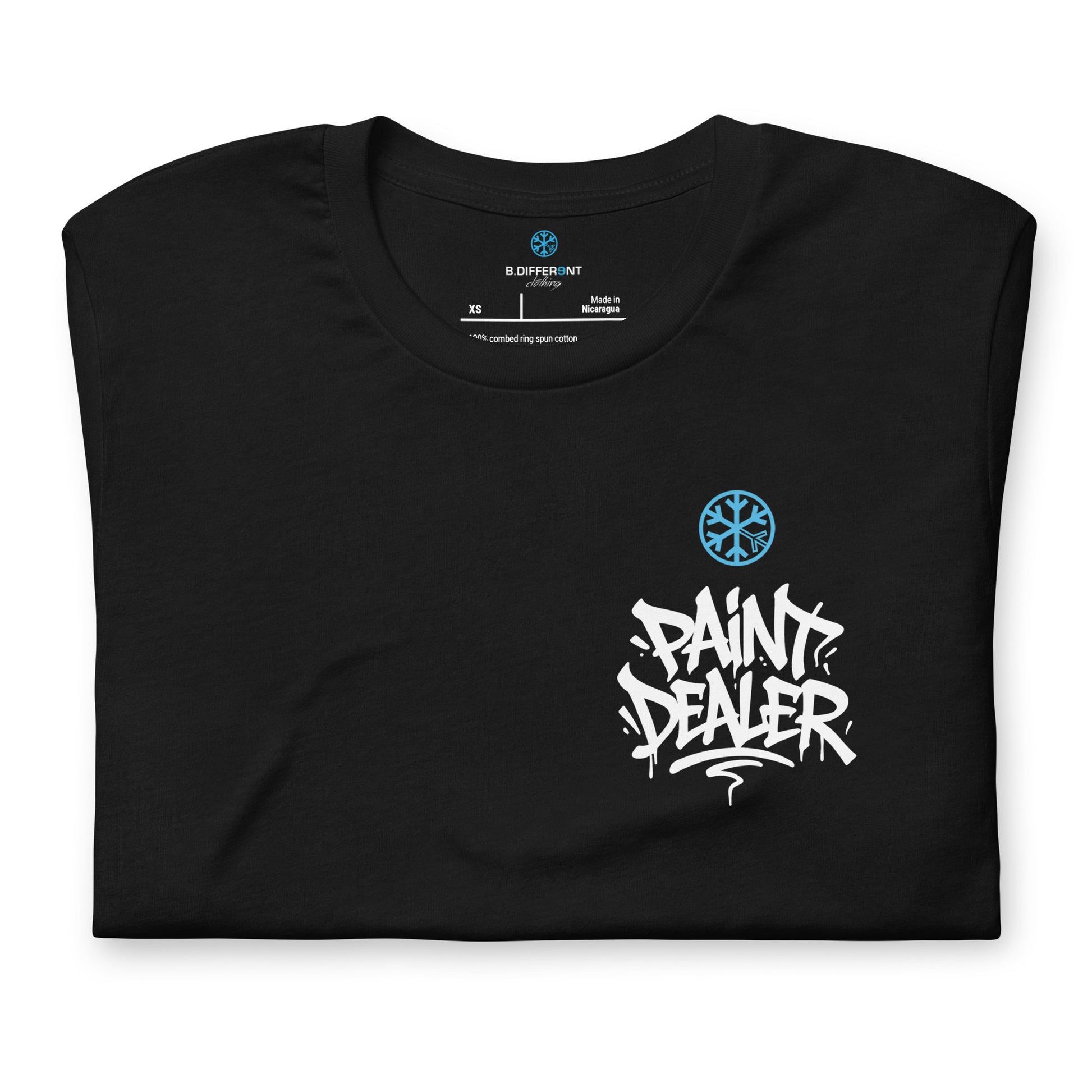 Black-Paint Dealer Graffiti Character Tee from B.Different Clothing, folded, graffiti-inspired streetwear t-shirt