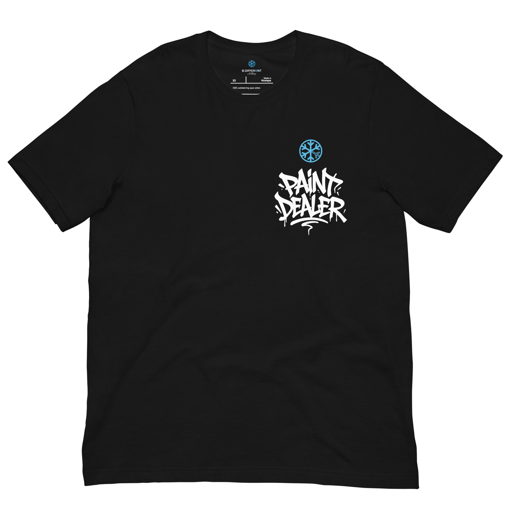 Black-Paint Dealer Graffiti Character Tee from B.Different Clothing, front view, graffiti-inspired streetwear t-shirt