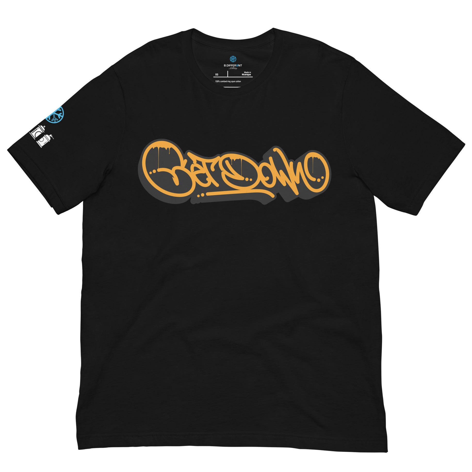 Black-Get Down Graffiti Tag Tee from B.Different Clothing, front view, graffiti-inspired streetwear t-shirt