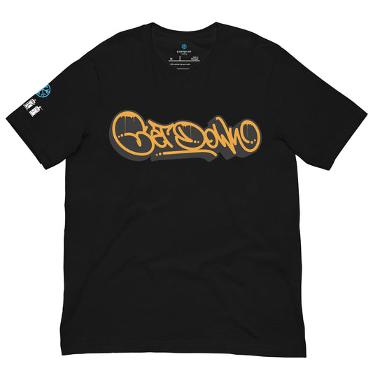Black-Get Down Graffiti Tag Tee from B.Different Clothing, front view, graffiti-inspired streetwear t-shirt
