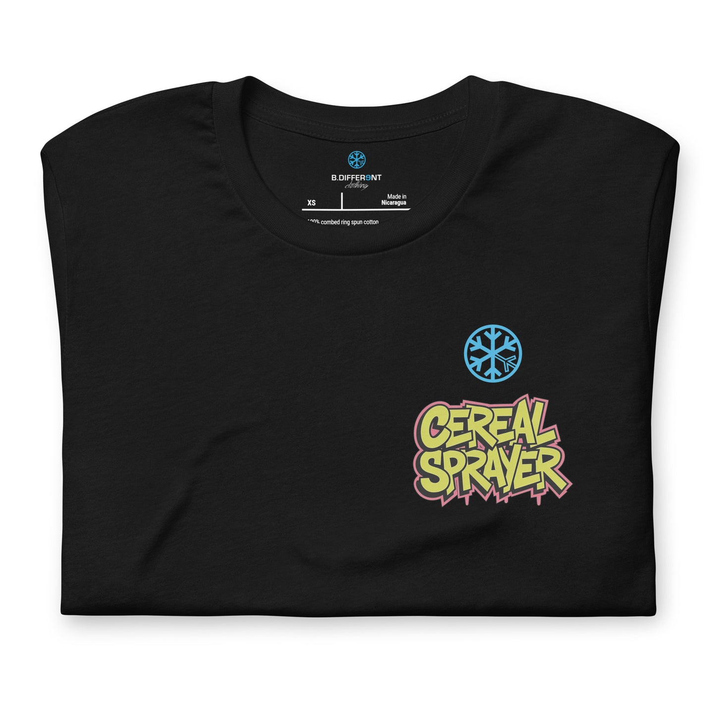 Black-Cereal Sprayer Graffiti Tee from B.Different Clothing, folded, graffiti-inspired streetwear t-shirt