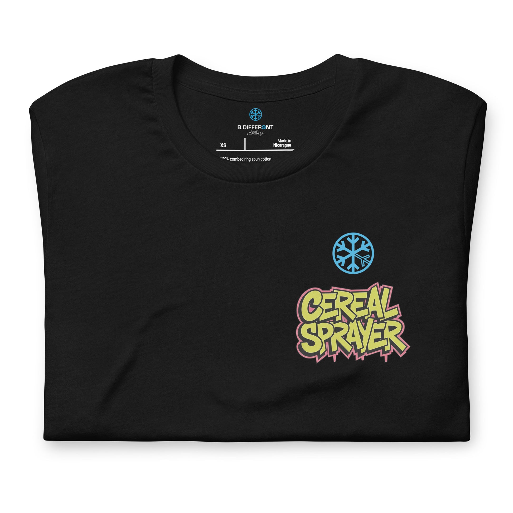 Black-Cereal Sprayer Graffiti Tee from B.Different Clothing, folded, graffiti-inspired streetwear t-shirt