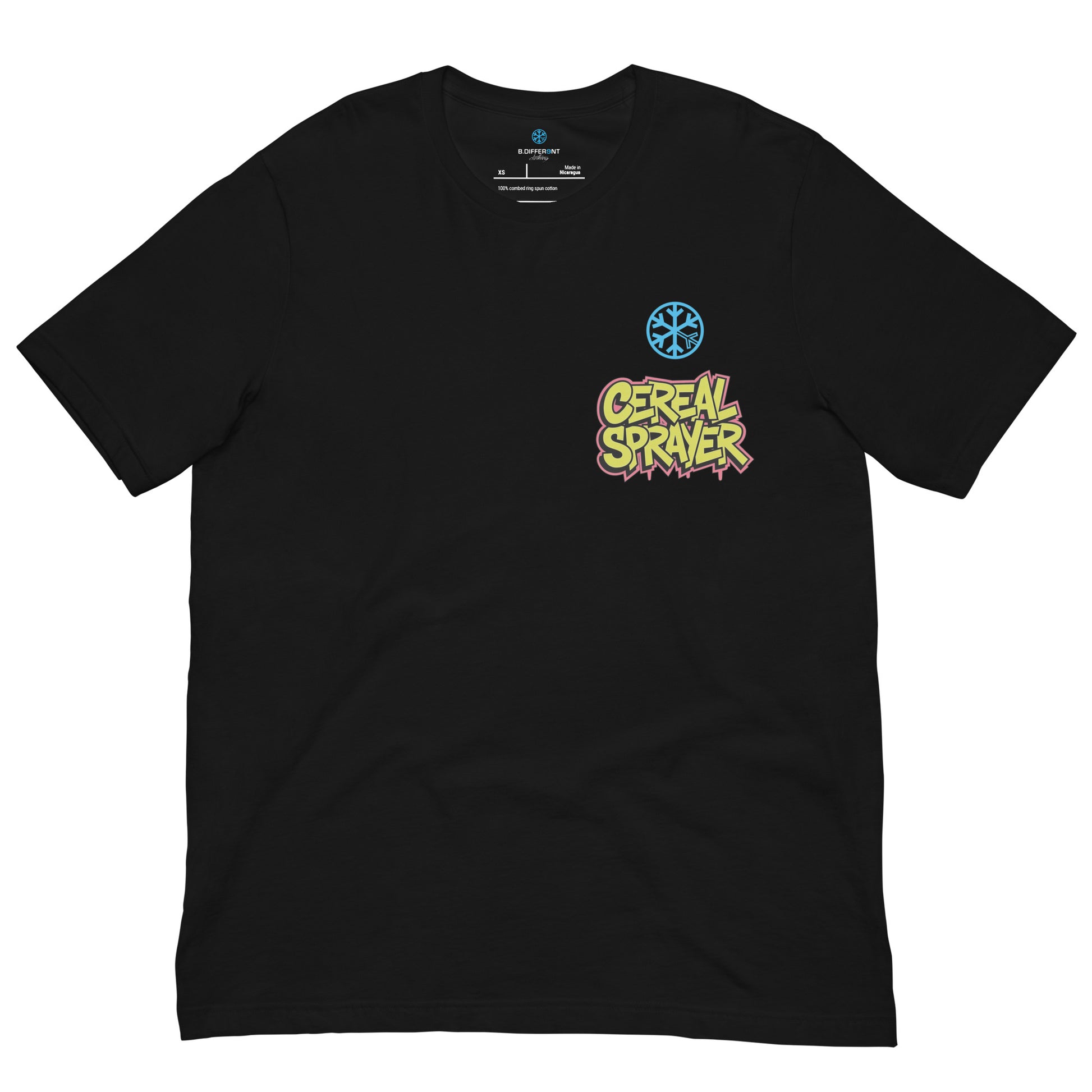 Black-Cereal Sprayer Graffiti Tee from B.Different Clothing, front view, graffiti-inspired streetwear t-shirt