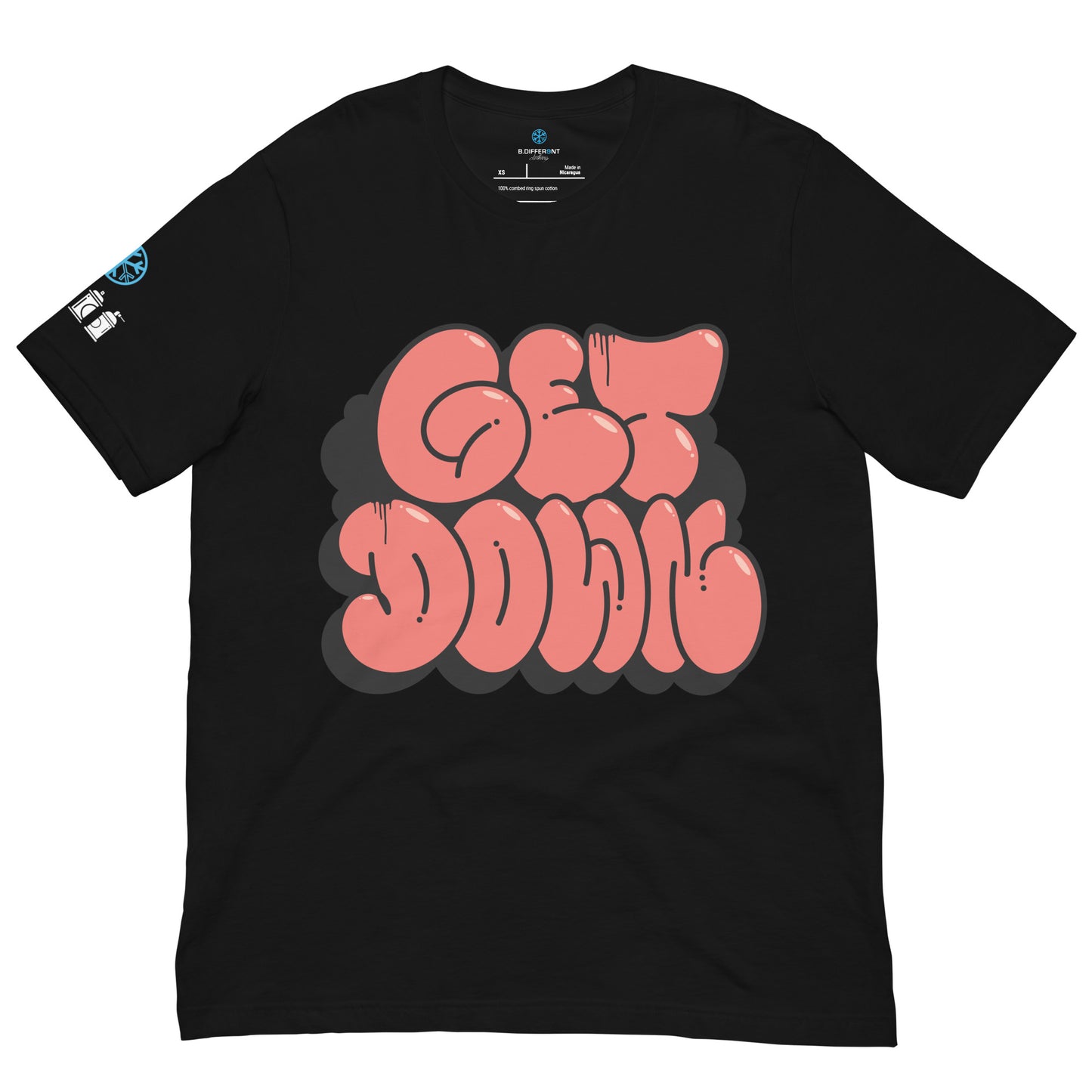 Black-Get Down Graffiti Throw-up Tee from B.Different Clothing, front view, graffiti-inspired streetwear t-shirt