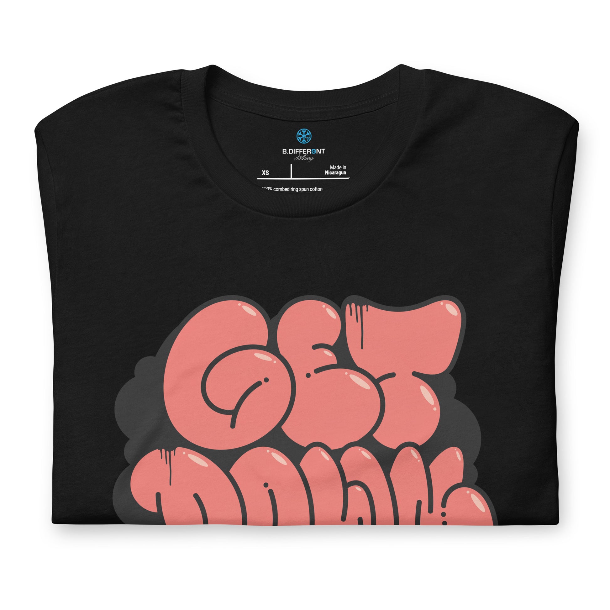 Black-Get Down Graffiti Throw-up Tee from B.Different Clothing, folded, graffiti-inspired streetwear t-shirt