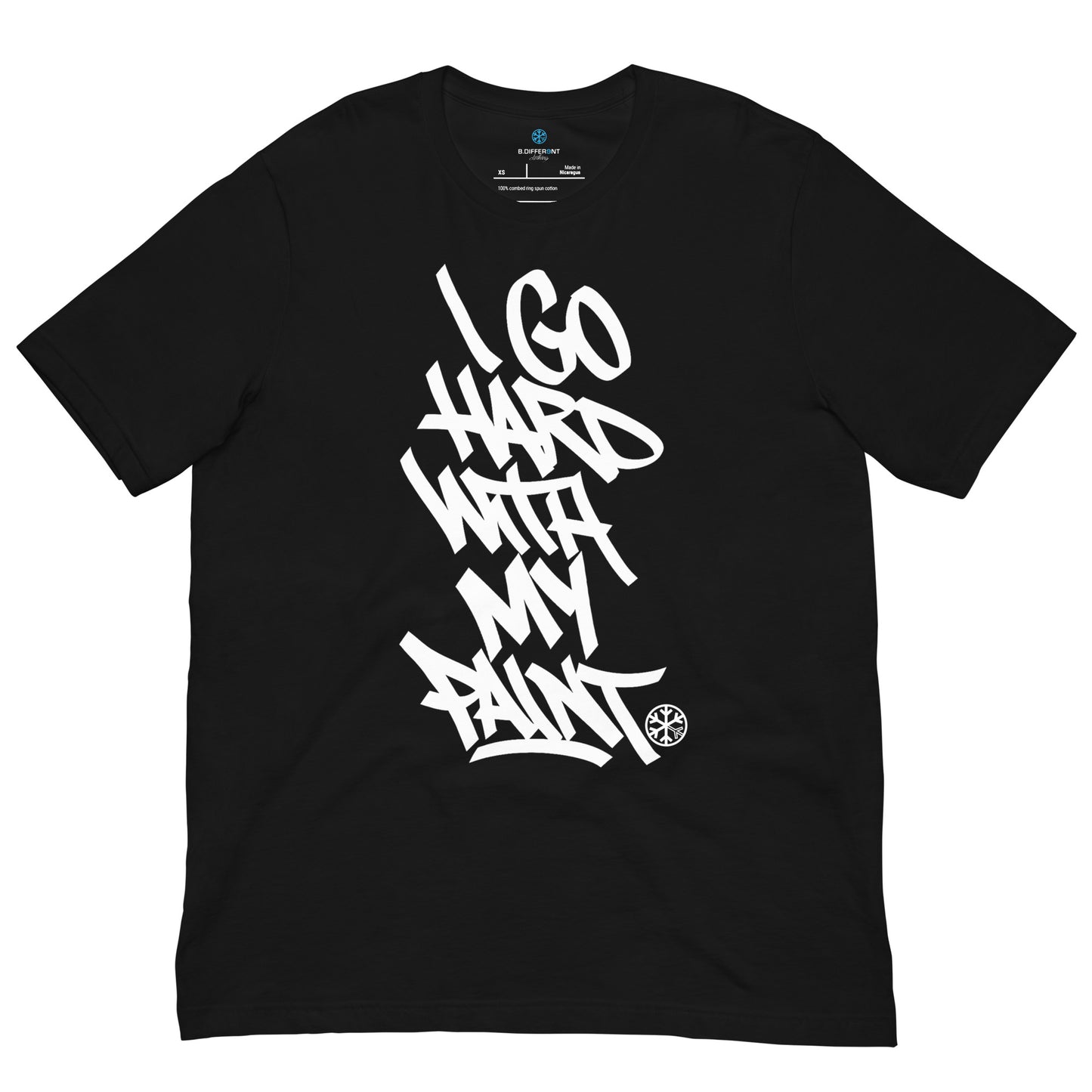 Black-I Go Hard With My Paint Graffiti Tee from B.Different Clothing, front view, graffiti-inspired streetwear t-shirt