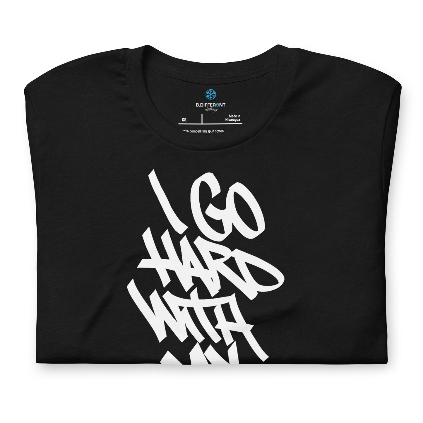 Black-I Go Hard With My Paint Graffiti Tee from B.Different Clothing, folded, graffiti-inspired streetwear t-shirt