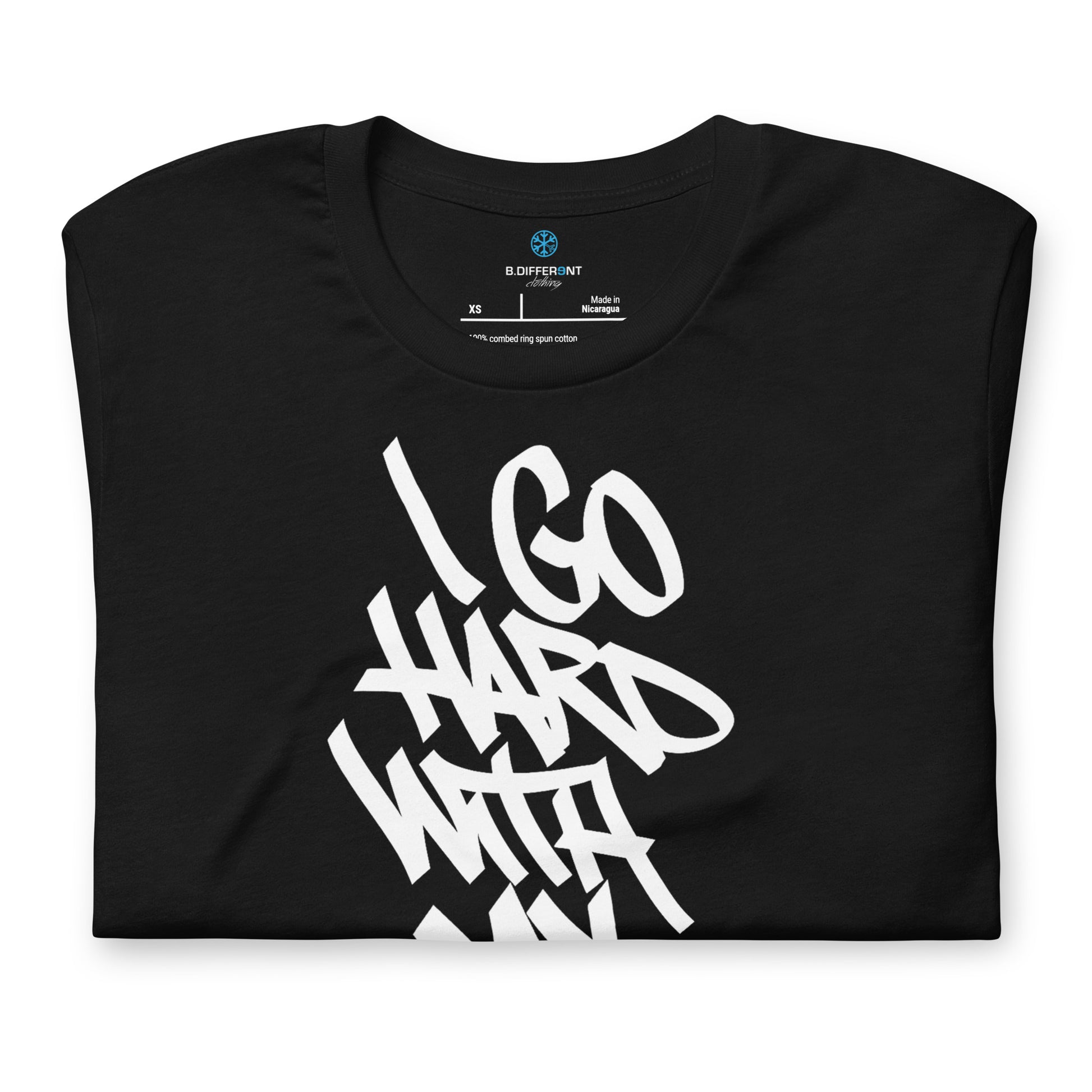 Black-I Go Hard With My Paint Graffiti Tee from B.Different Clothing, folded, graffiti-inspired streetwear t-shirt