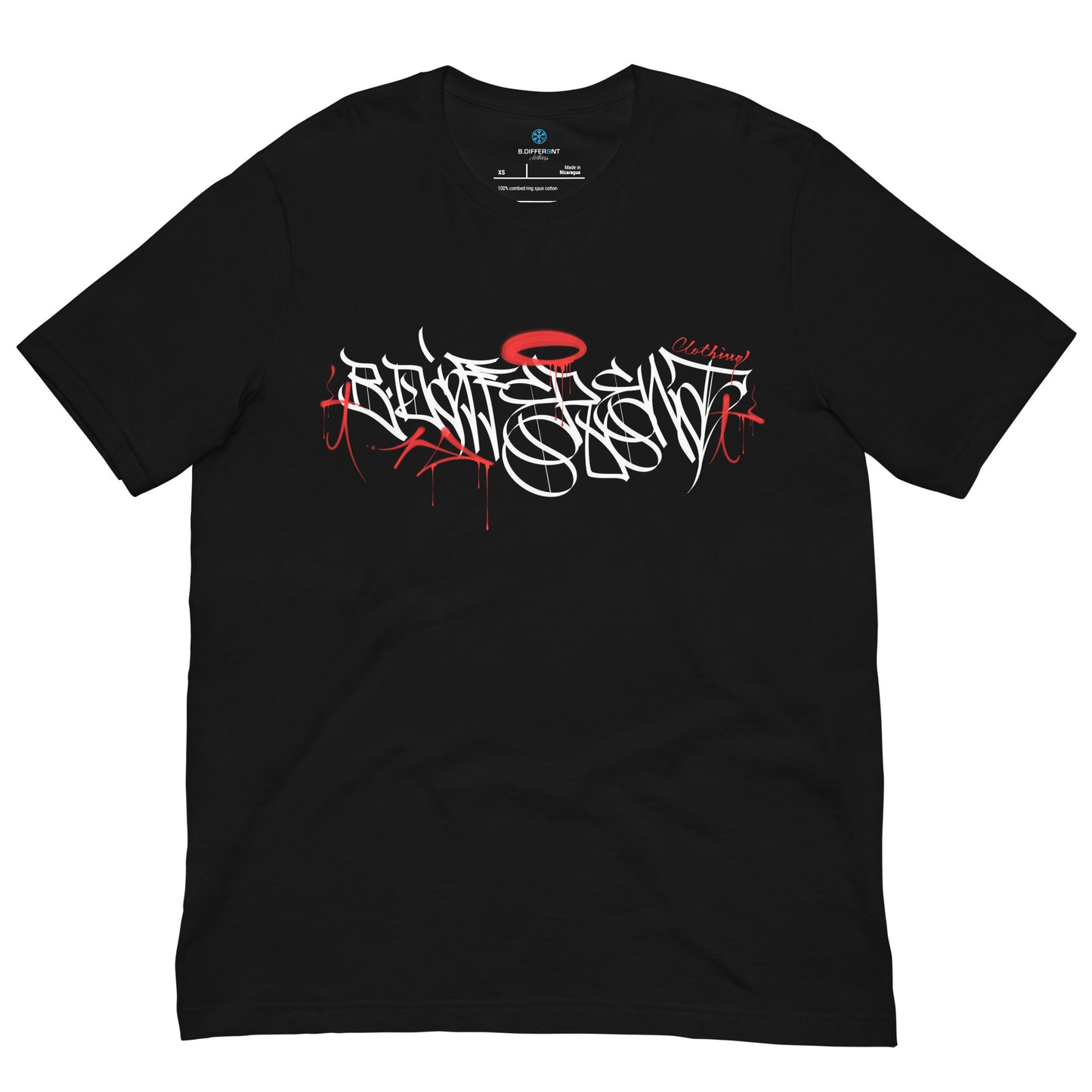 Black-Caos One Collab Graffiti Tee from B.Different Clothing, front view, graffiti-inspired streetwear t-shirt