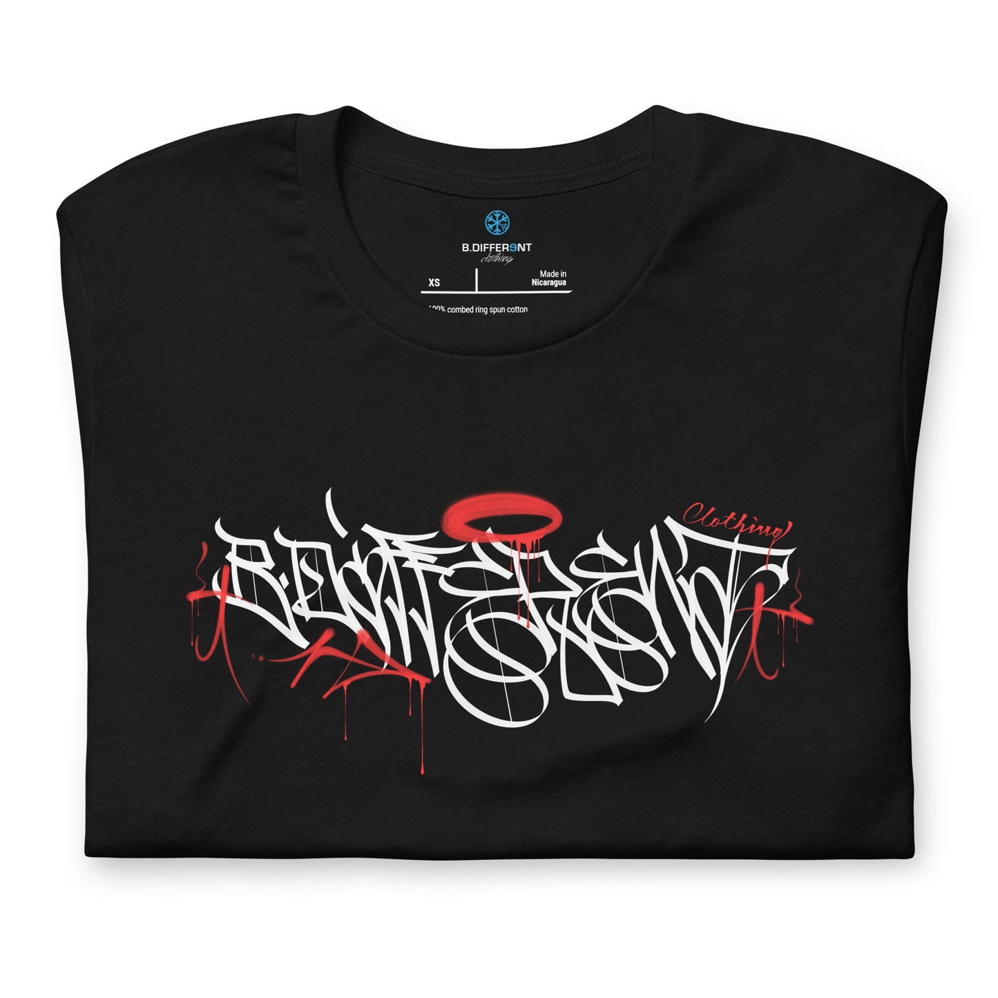 Black-Caos One Collab Graffiti Tee from B.Different Clothing, folded, graffiti-inspired streetwear t-shirt