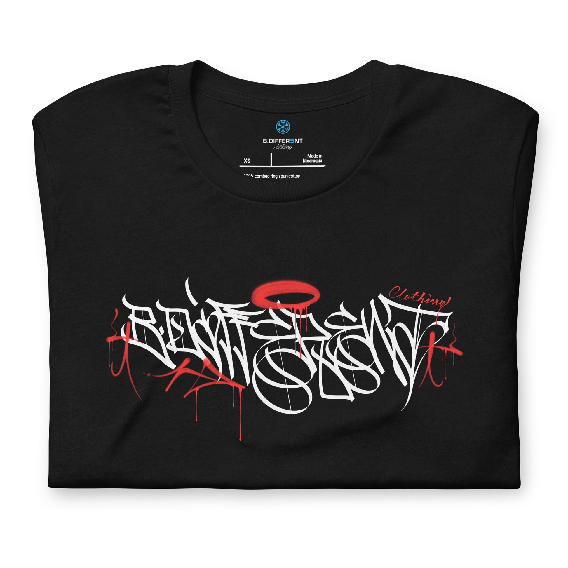 Black-Caos One Collab Graffiti Tee from B.Different Clothing, folded, graffiti-inspired streetwear t-shirt