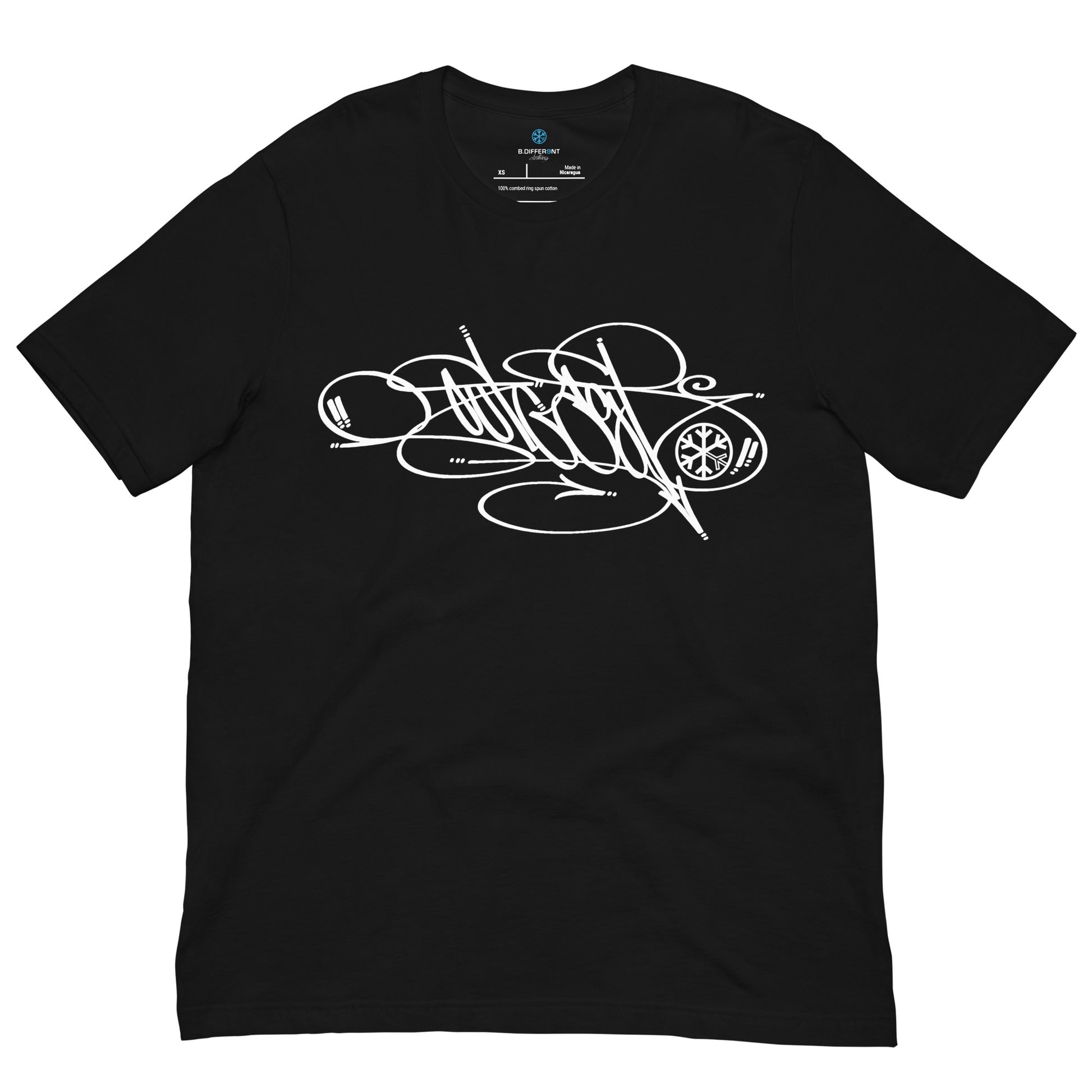 Black-Outcast Tag Tee by Graffiti Dad from B.Different Clothing, front view, graffiti-inspired streetwear t-shirt