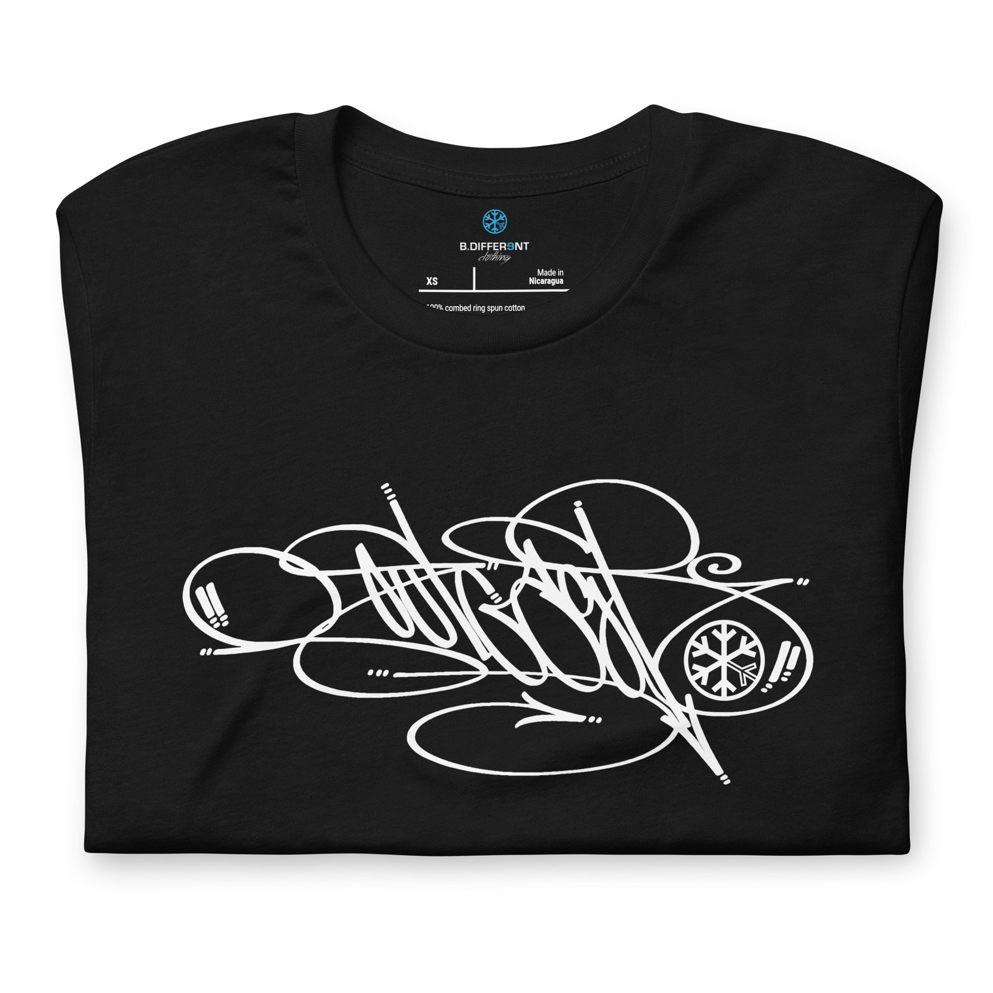 Black-Outcast Tag Tee by Graffiti Dad from B.Different Clothing, folded, graffiti-inspired streetwear t-shirt
