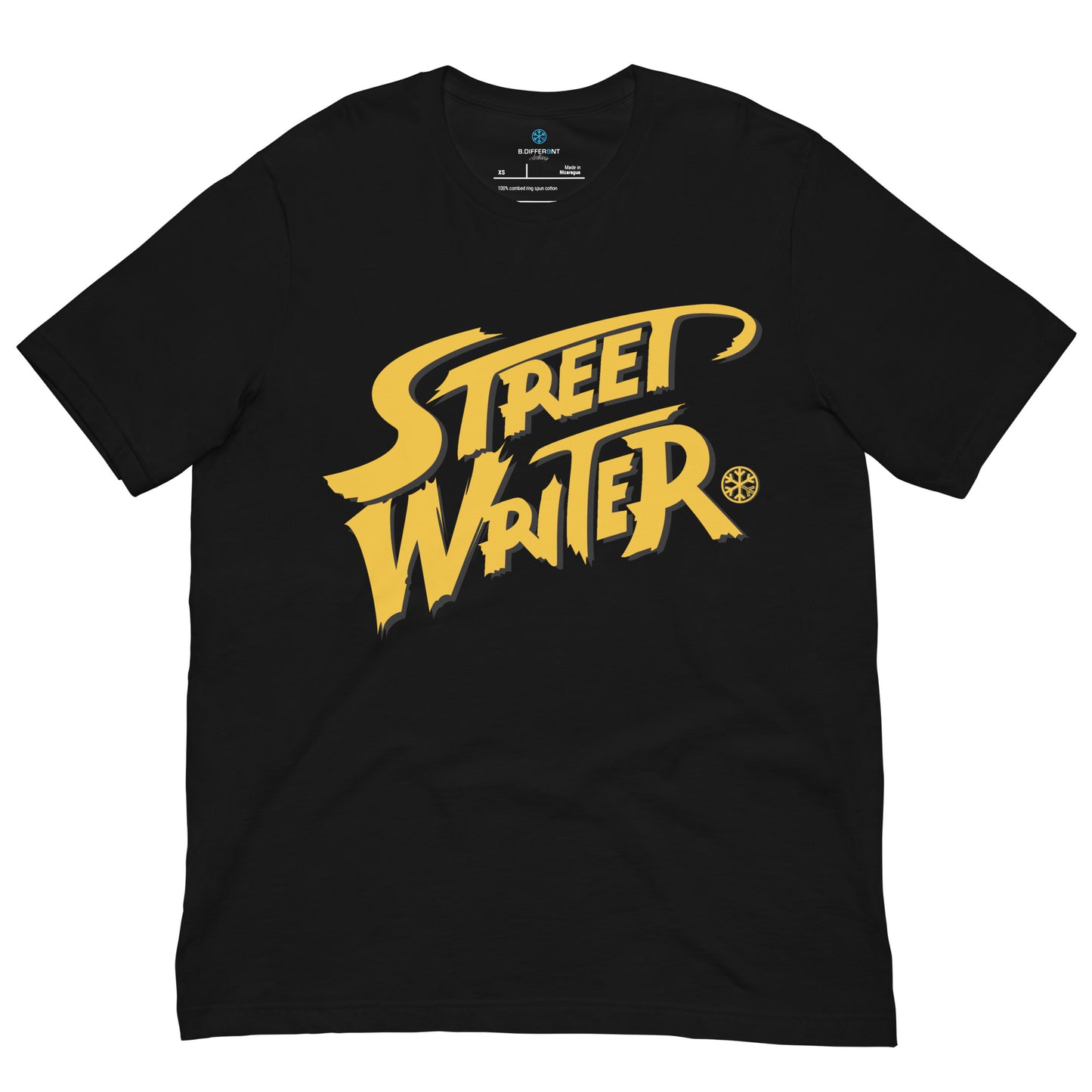 Black-Street Writer Graffiti Tee from B.Different Clothing, front view, graffiti-inspired streetwear t-shirt