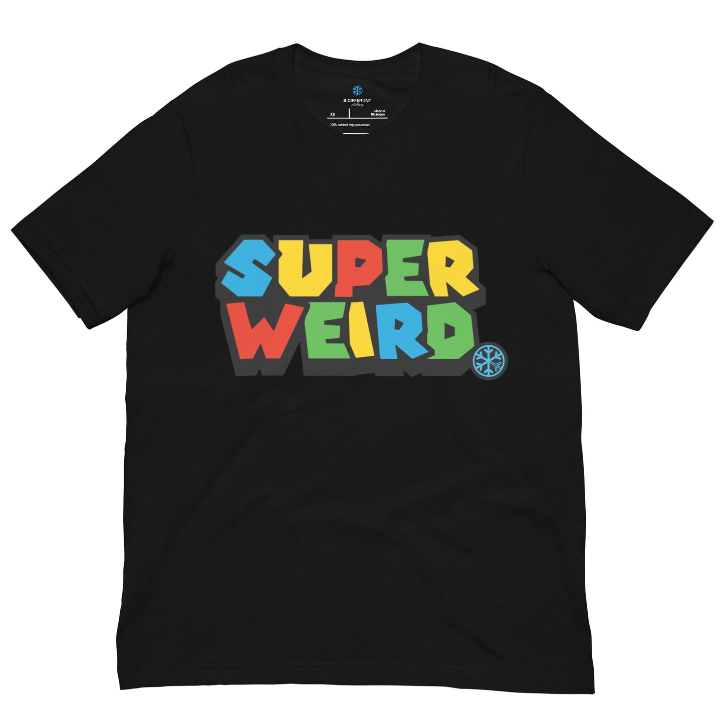 Black-Super Weird Tee from B.Different Clothing, front view, graffiti-inspired streetwear t-shirt