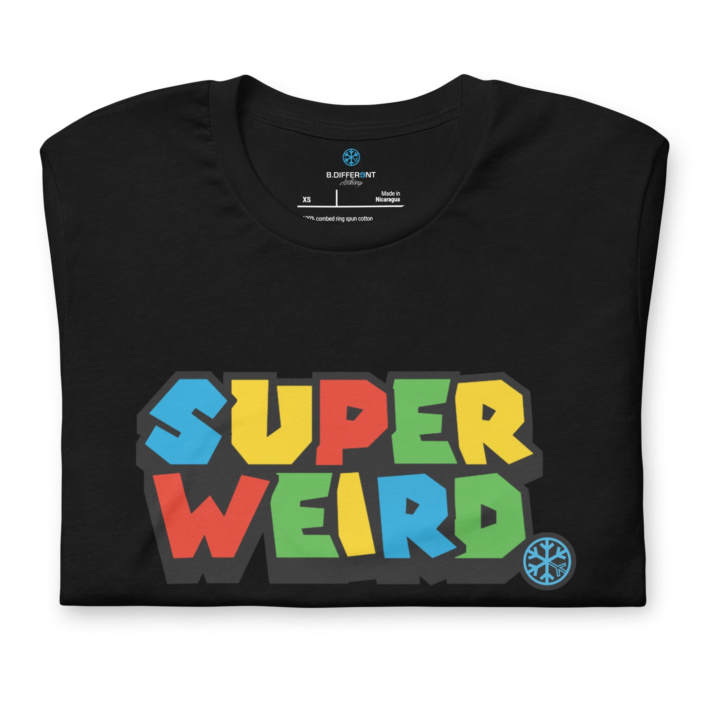 Black-Super Weird Tee from B.Different Clothing, folded, graffiti-inspired streetwear t-shirt