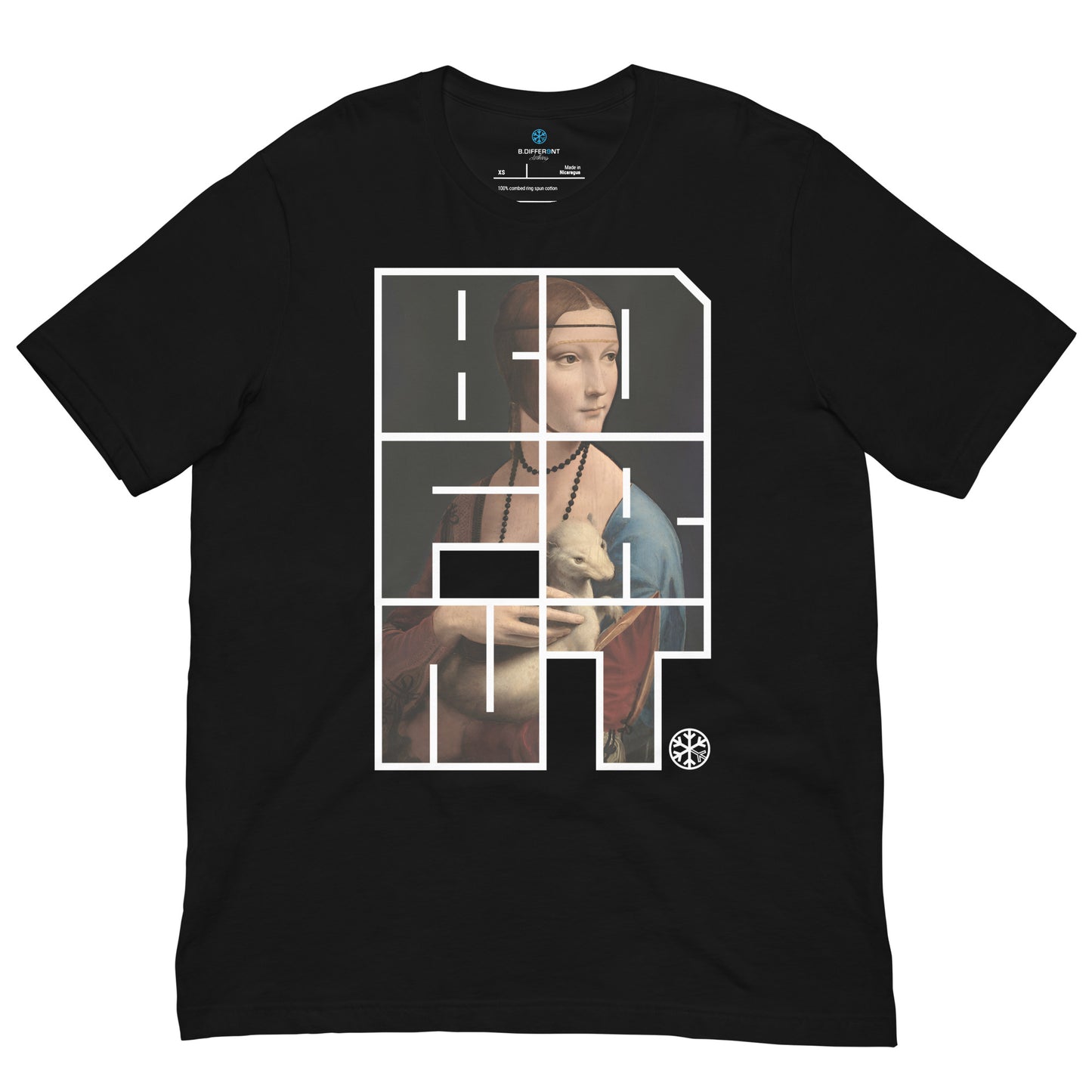 Black-BDFRNT Blockbuster x Lady With Ermine Graffiti Tee from B.Different Clothing, front view, graffiti-inspired streetwear t-shirt
