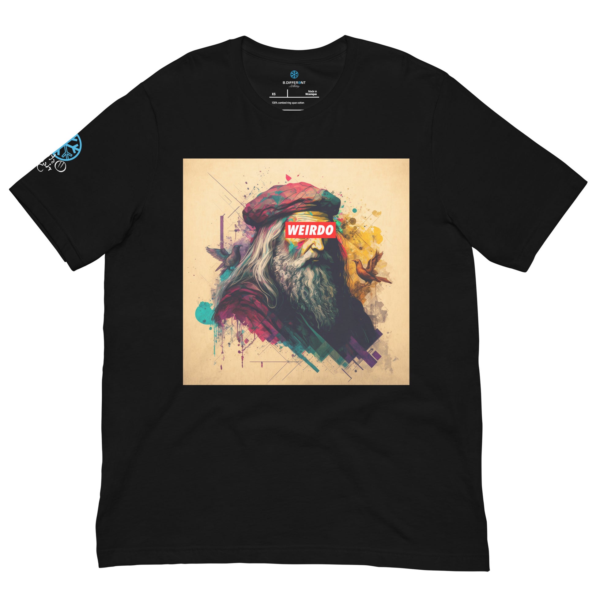 Black-Leonardo da Vinci Tee from B.Different Clothing, front view, graffiti-inspired streetwear t-shirt