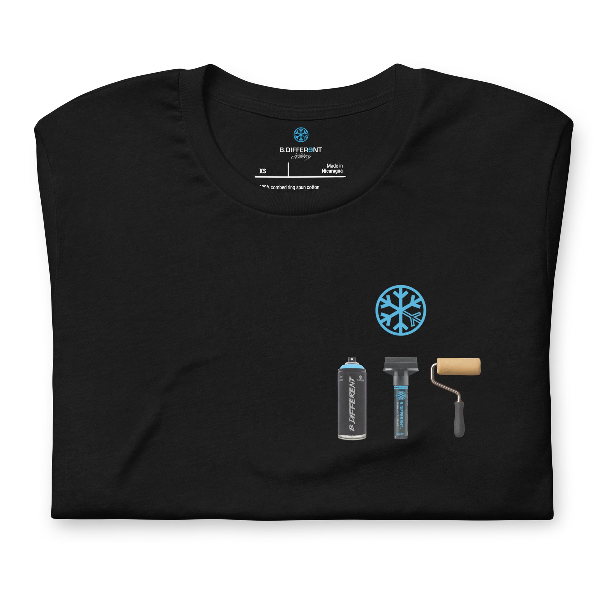 Black-Graffiti Artist Action Figure Tee from B.Different Clothing, folded, graffiti-inspired streetwear t-shirt