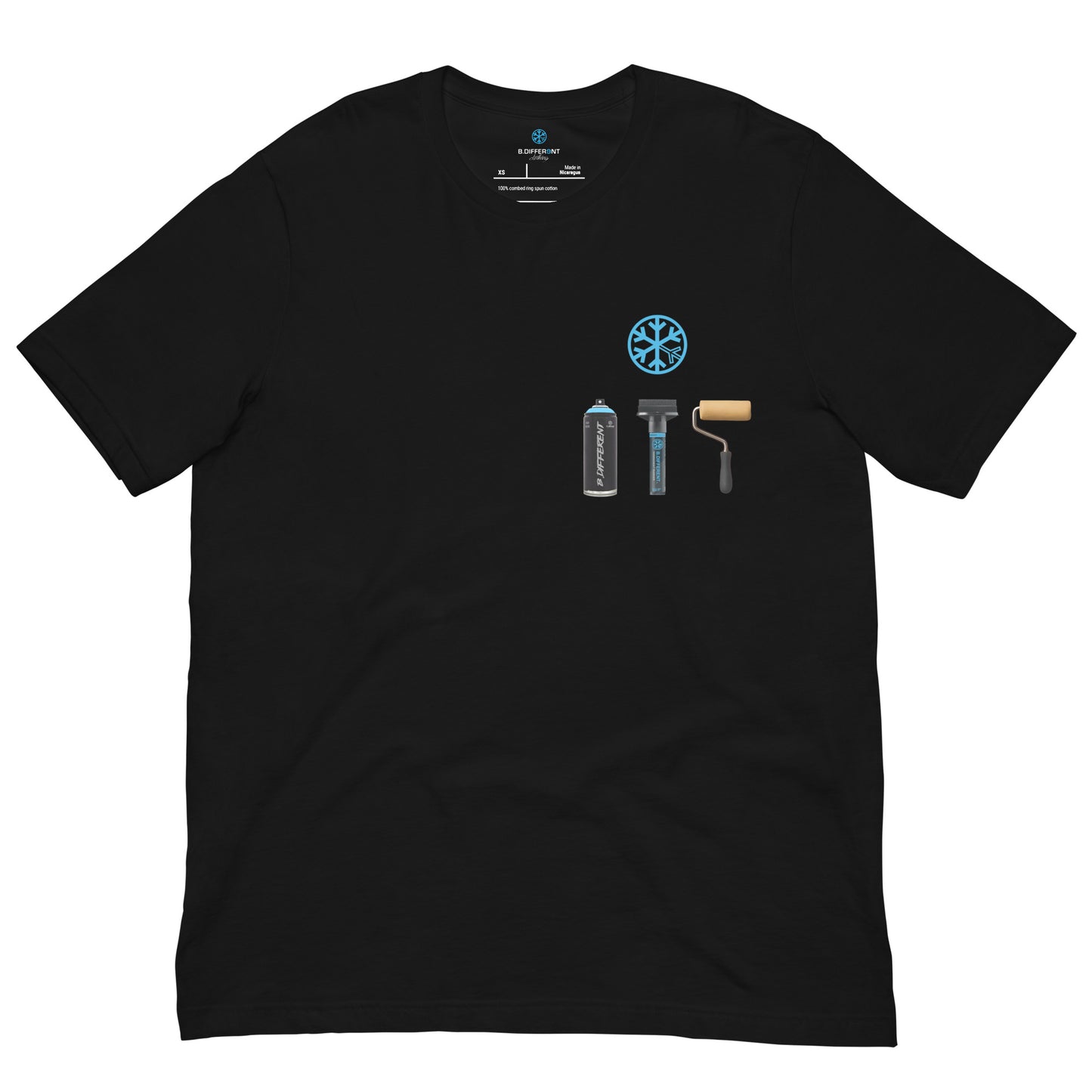 Black-Graffiti Artist Action Figure Tee from B.Different Clothing, front view, graffiti-inspired streetwear t-shirt