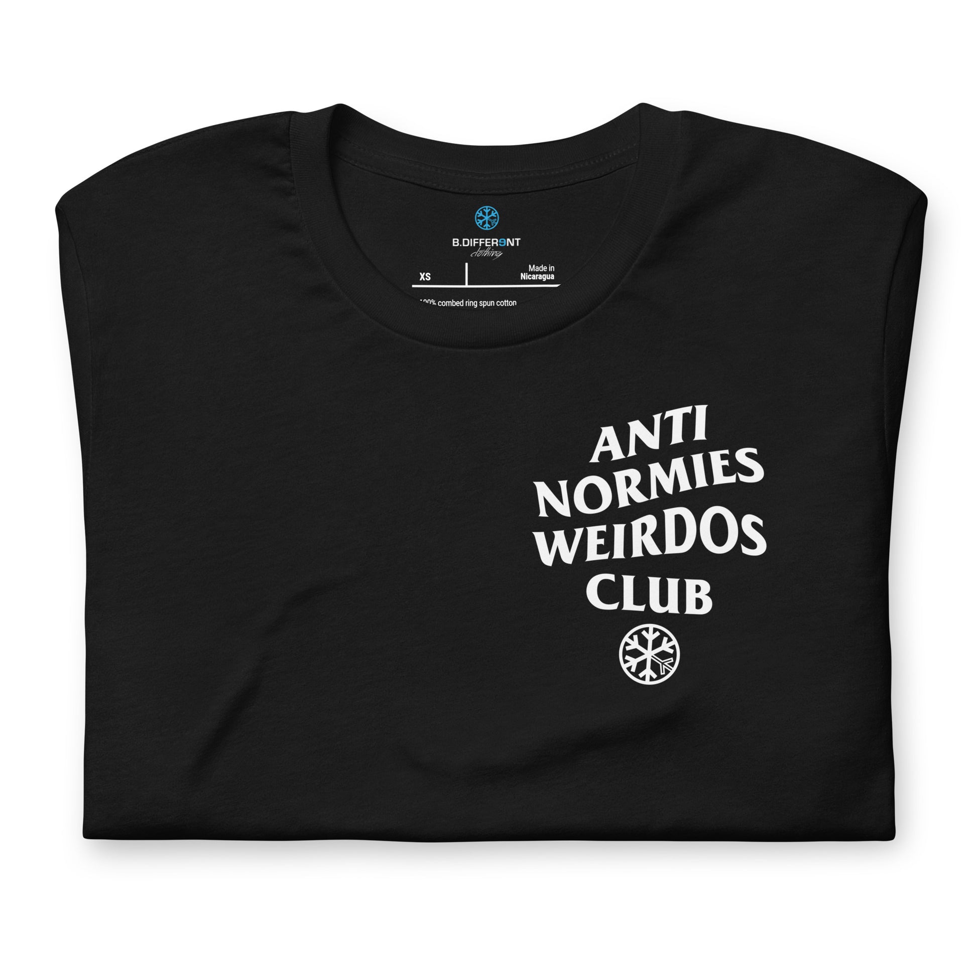 Black-Anti Normies Weirdos Club Tee from B.Different Clothing, folded, graffiti-inspired streetwear t-shirt